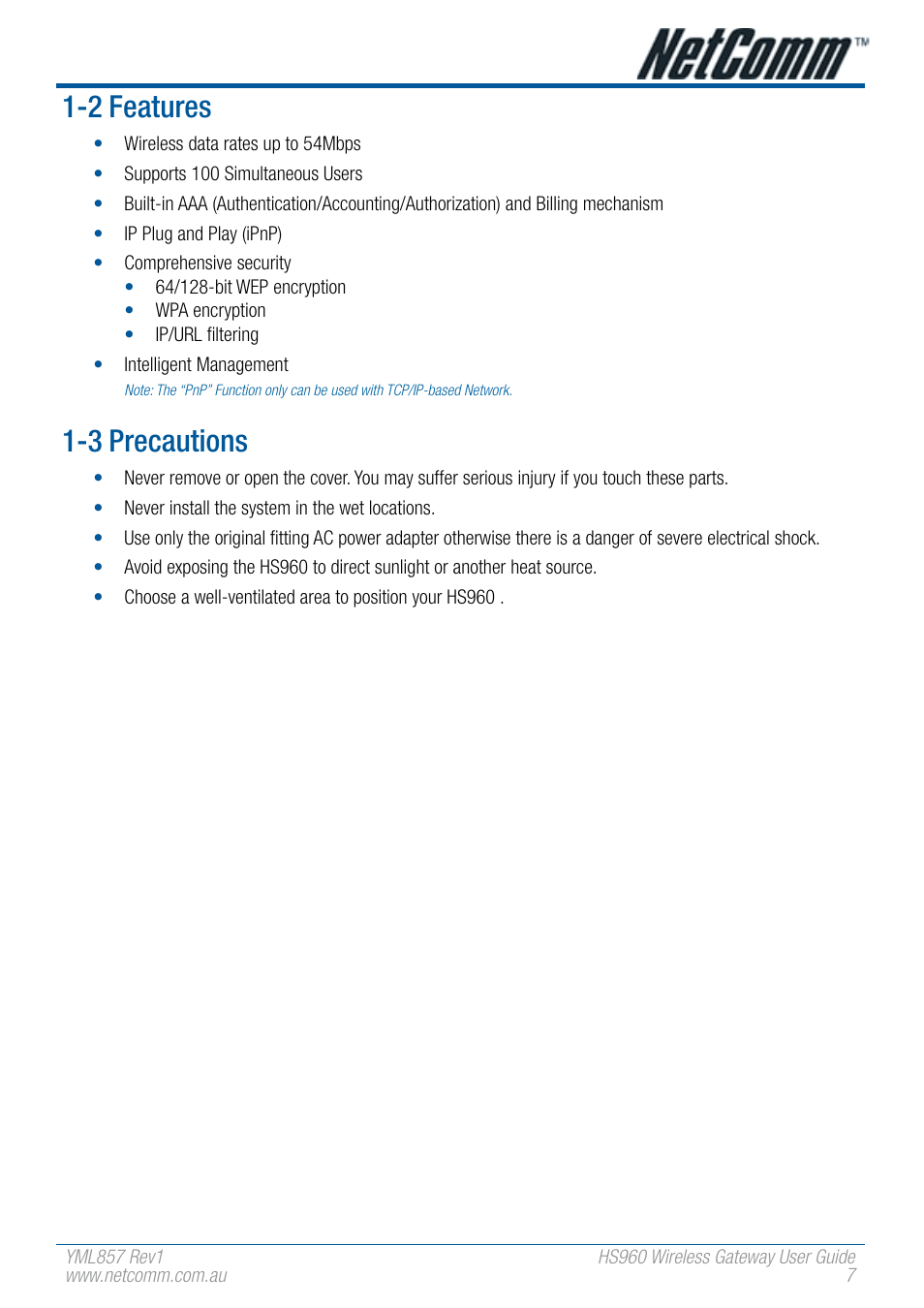 2 features, 3 precautions | NetComm HS960 User Manual | Page 7 / 120