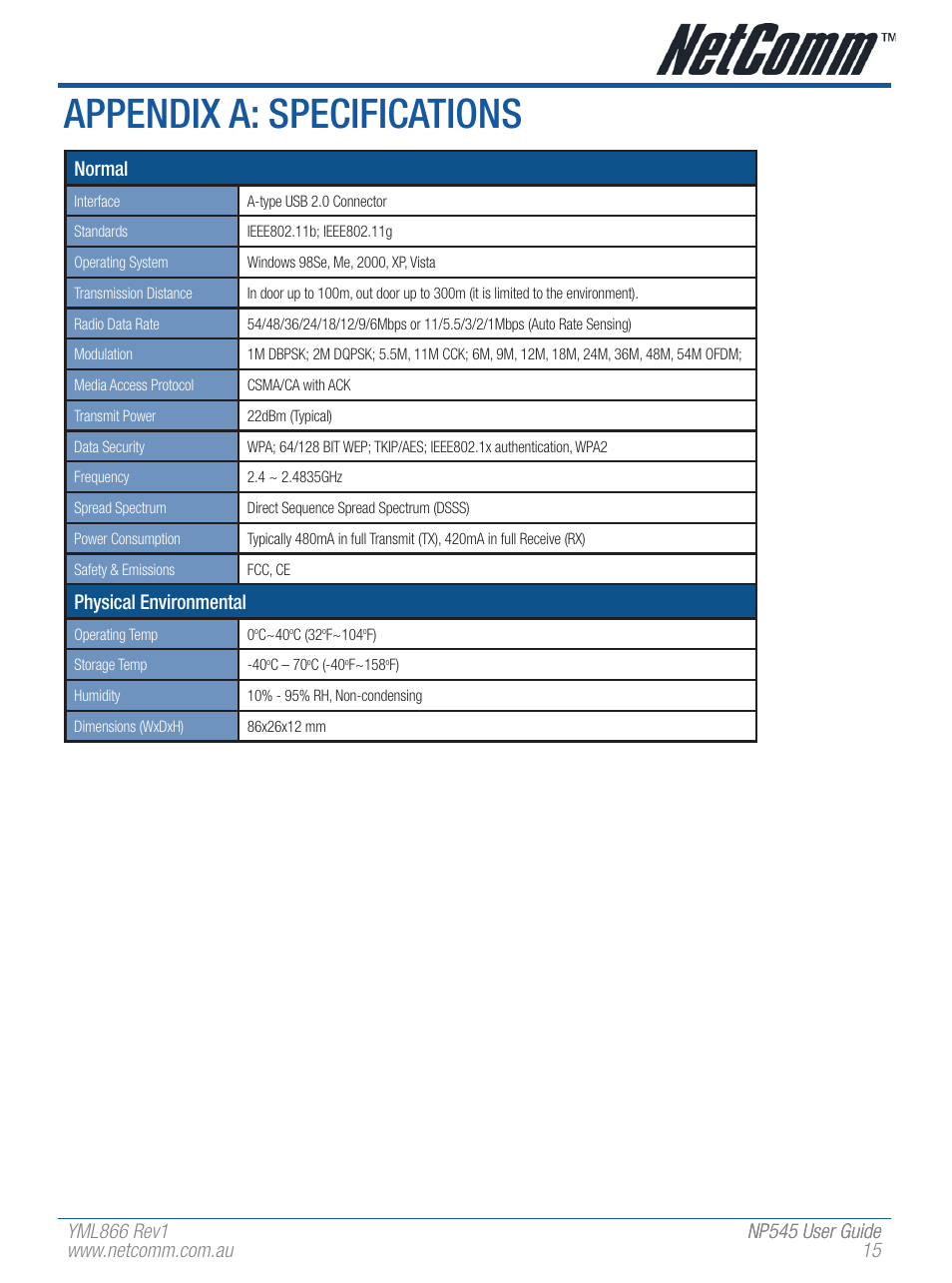 Appendix a: specifications, Normal, Physical environmental | NetComm Wireless Network Adaptor NP545 User Manual | Page 15 / 18