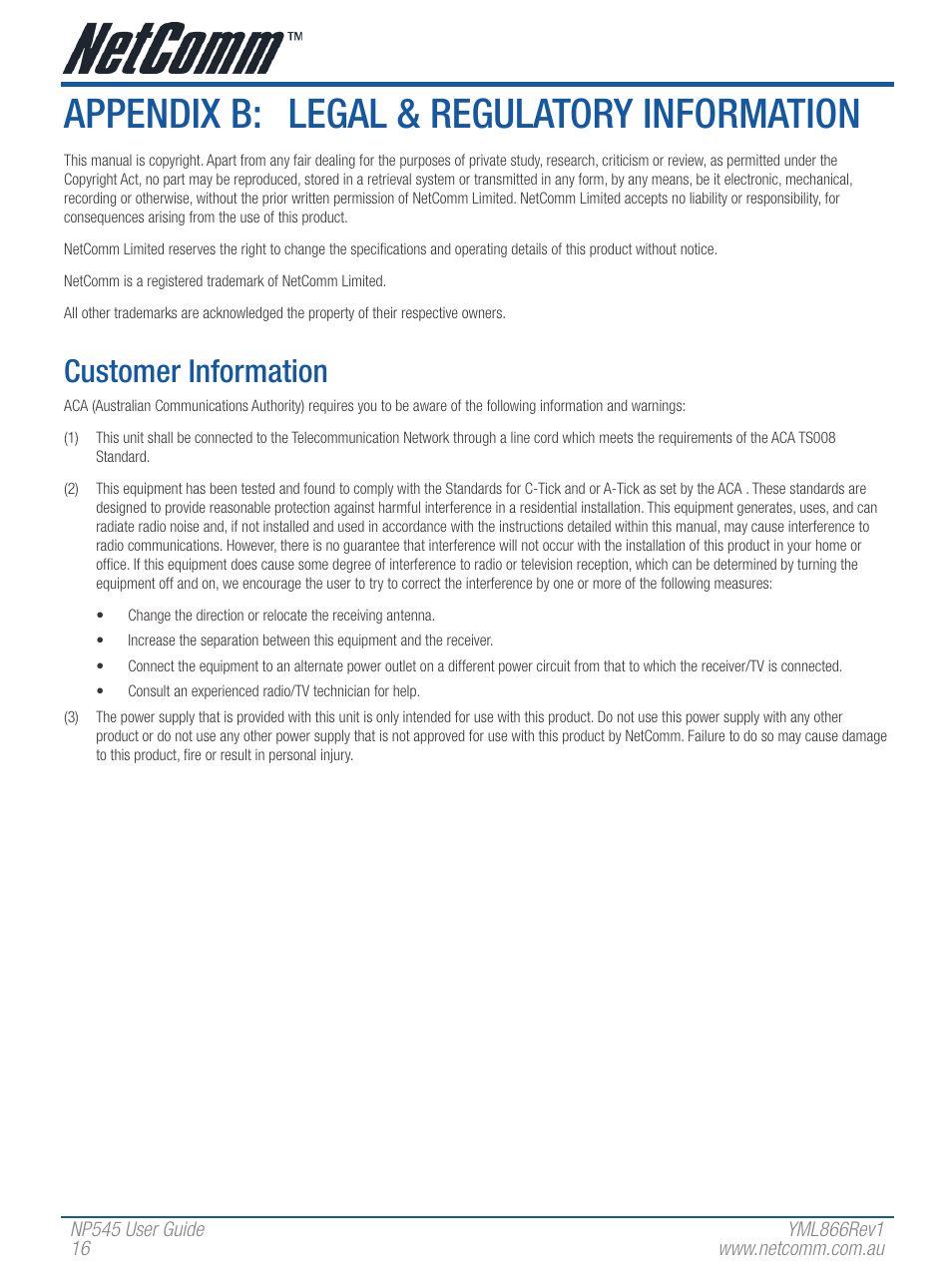 Appendix b: legal & regulatory information, Customer information | NetComm Wireless Network Adaptor NP545 User Manual | Page 16 / 18
