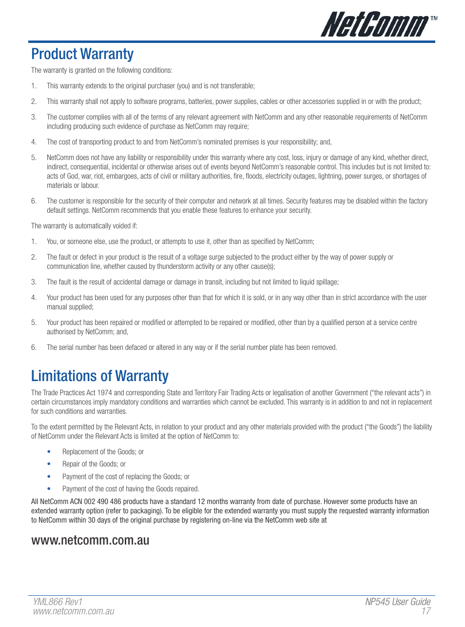 Product warranty, Limitations of warranty | NetComm Wireless Network Adaptor NP545 User Manual | Page 17 / 18