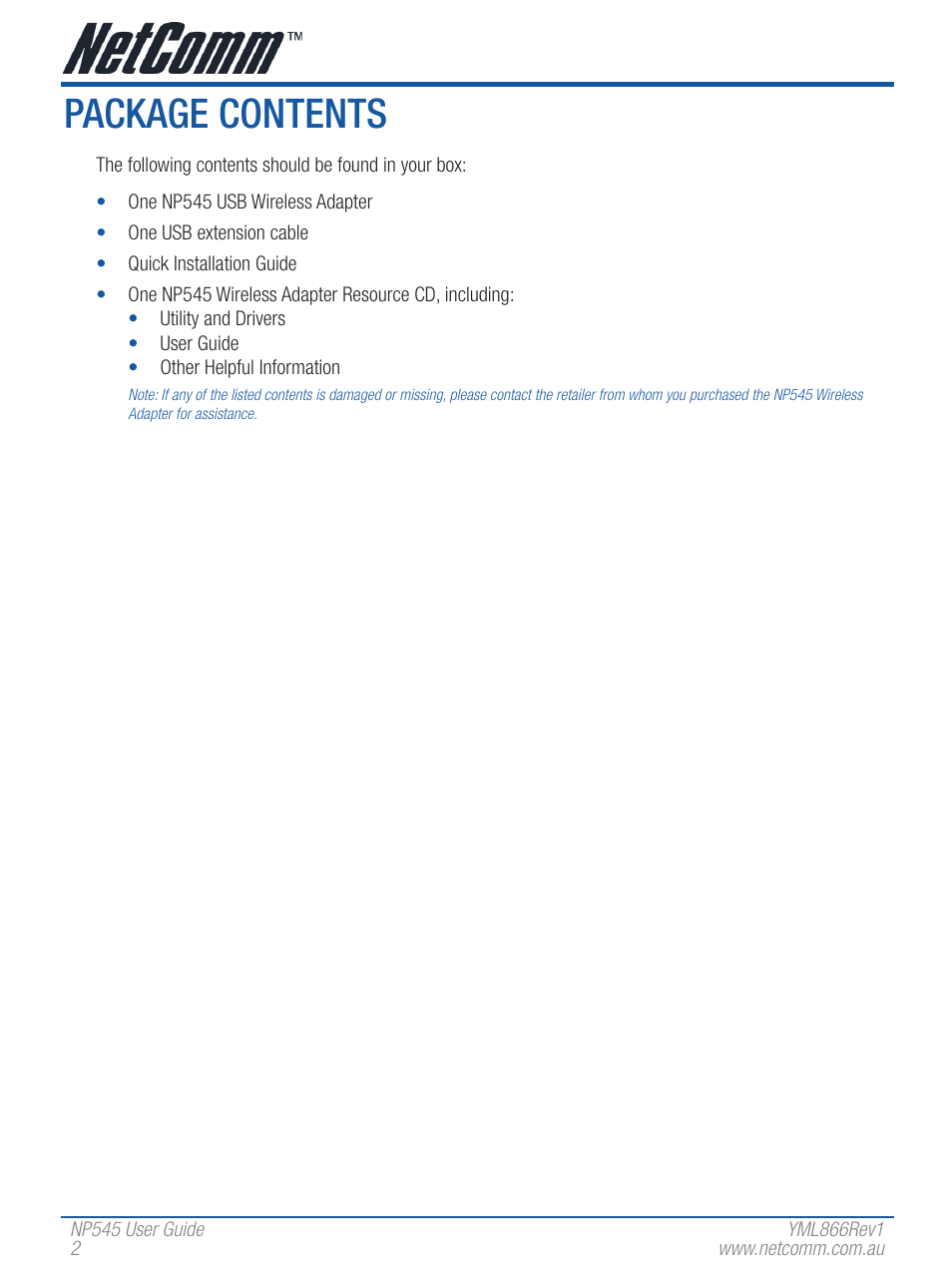 Package contents | NetComm Wireless Network Adaptor NP545 User Manual | Page 2 / 18