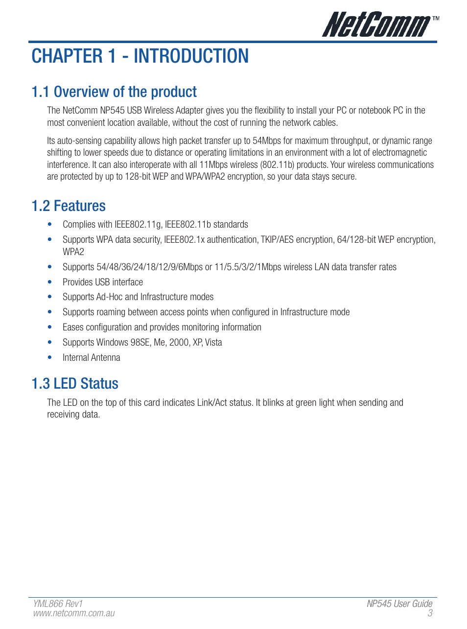 Chapter 1 - introduction, 1 overview of the product, 2 features | 3 led status | NetComm Wireless Network Adaptor NP545 User Manual | Page 3 / 18