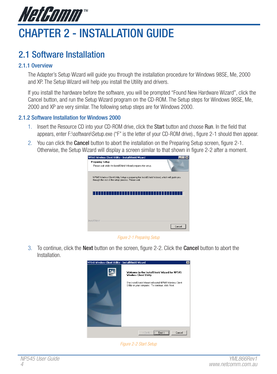 Chapter 2 - installation guide, 1 software installation | NetComm Wireless Network Adaptor NP545 User Manual | Page 4 / 18