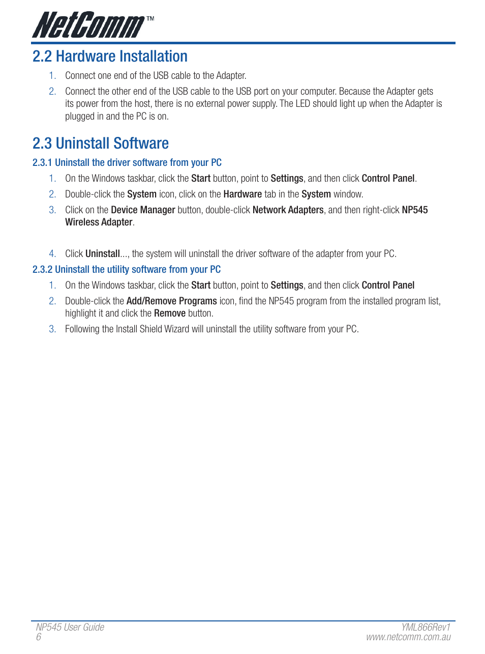 2 hardware installation, 3 uninstall software | NetComm Wireless Network Adaptor NP545 User Manual | Page 6 / 18