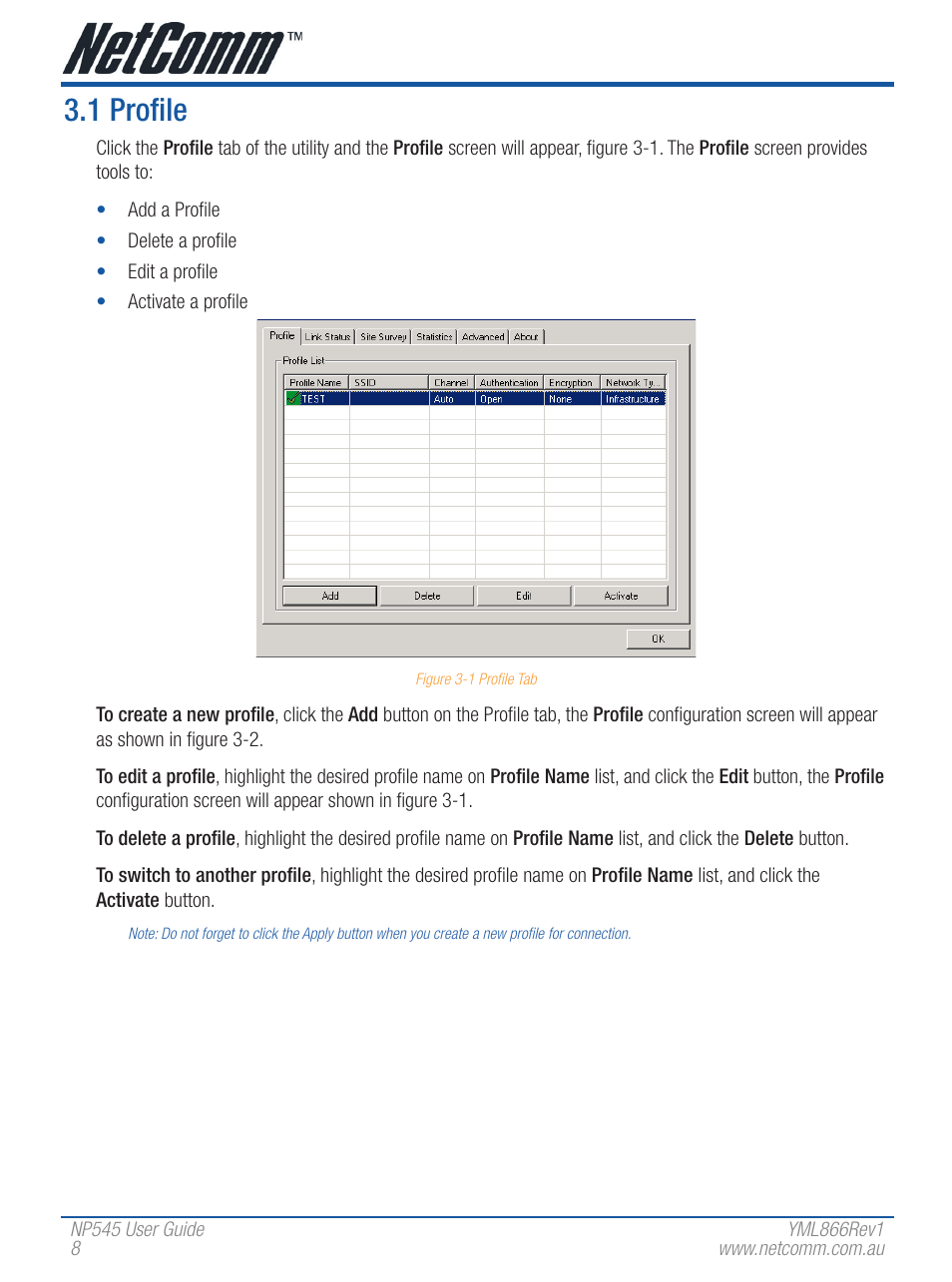 1 profile | NetComm Wireless Network Adaptor NP545 User Manual | Page 8 / 18