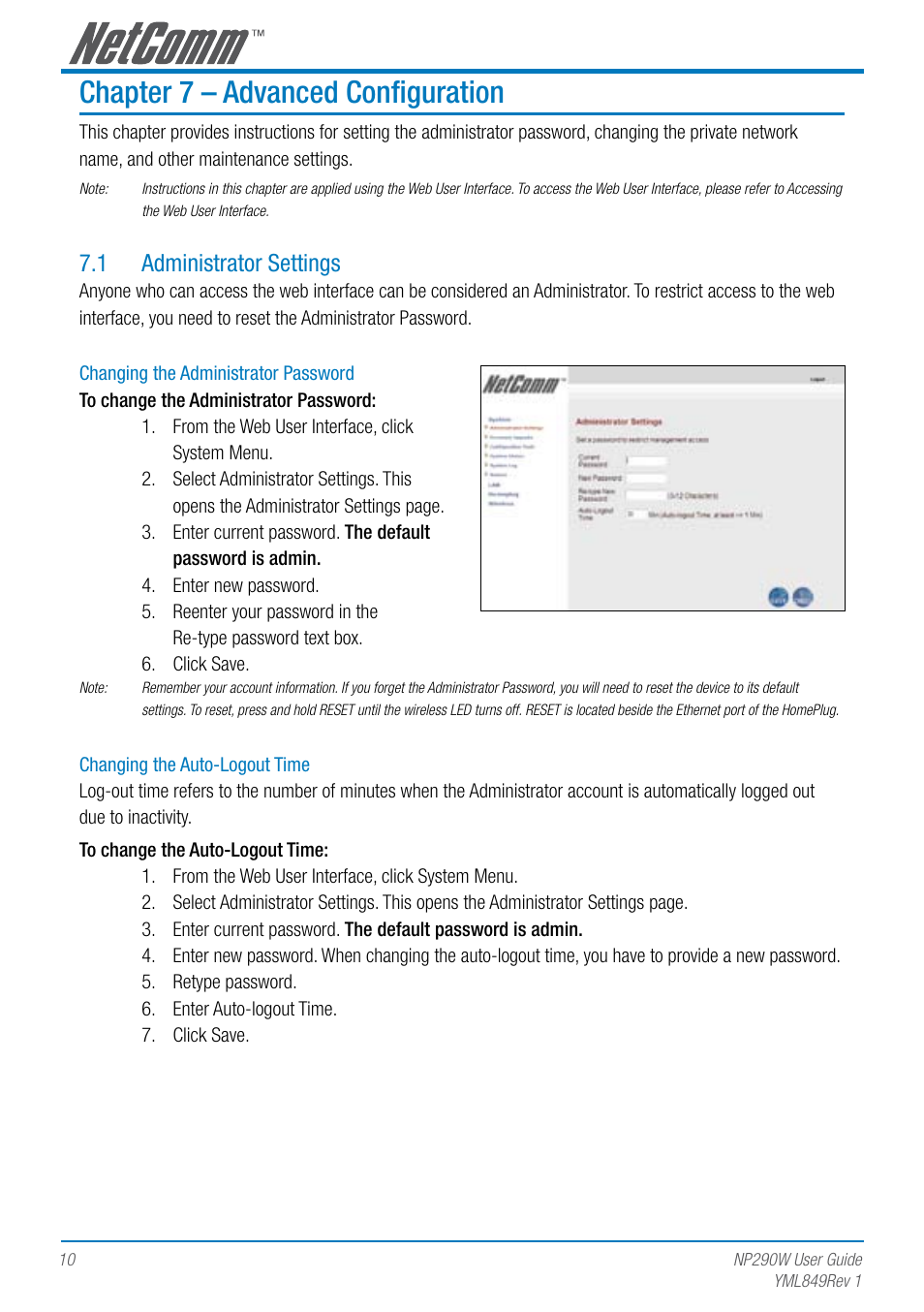 Chapter 7 – advanced configuration, 1 administrator settings | NetComm NP290W User Manual | Page 10 / 20