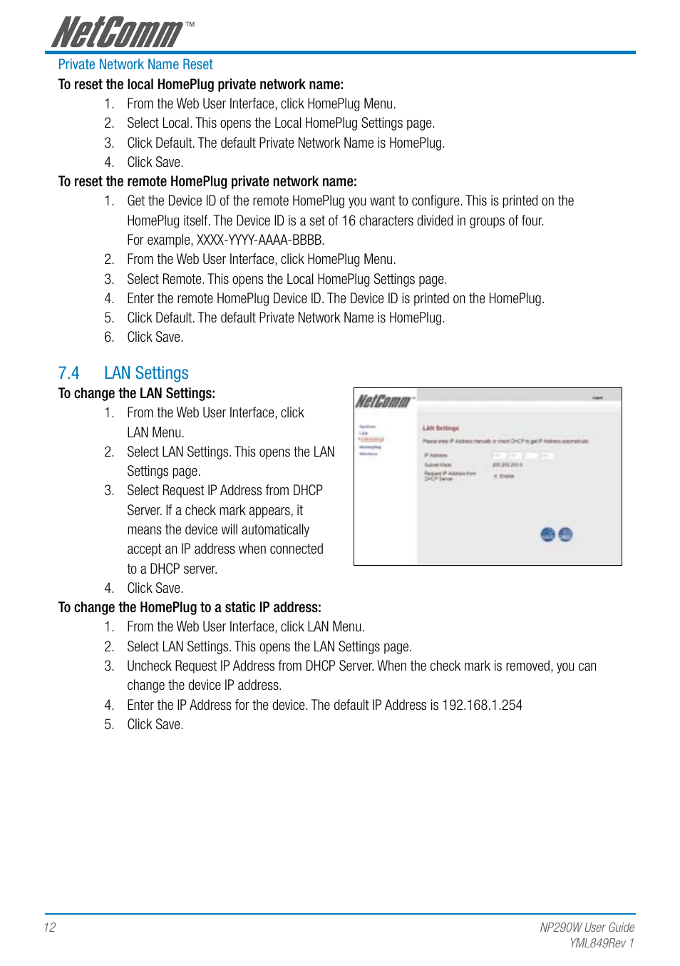 4 lan settings | NetComm NP290W User Manual | Page 12 / 20