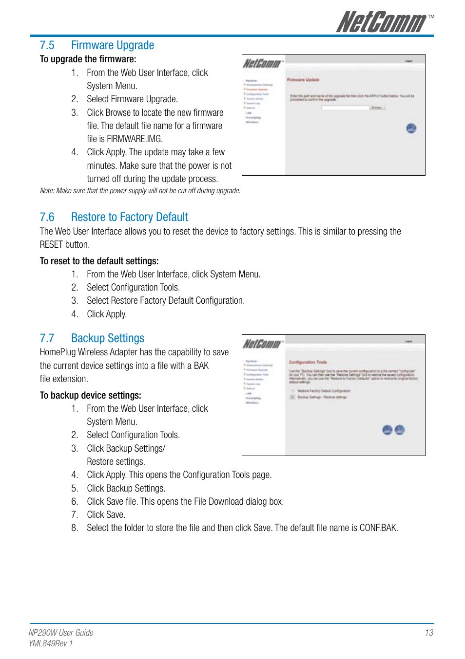 5 firmware upgrade, 6 restore to factory default, 7 backup settings | NetComm NP290W User Manual | Page 13 / 20