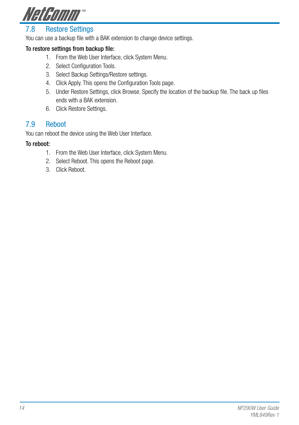 8 restore settings, 9 reboot | NetComm NP290W User Manual | Page 14 / 20