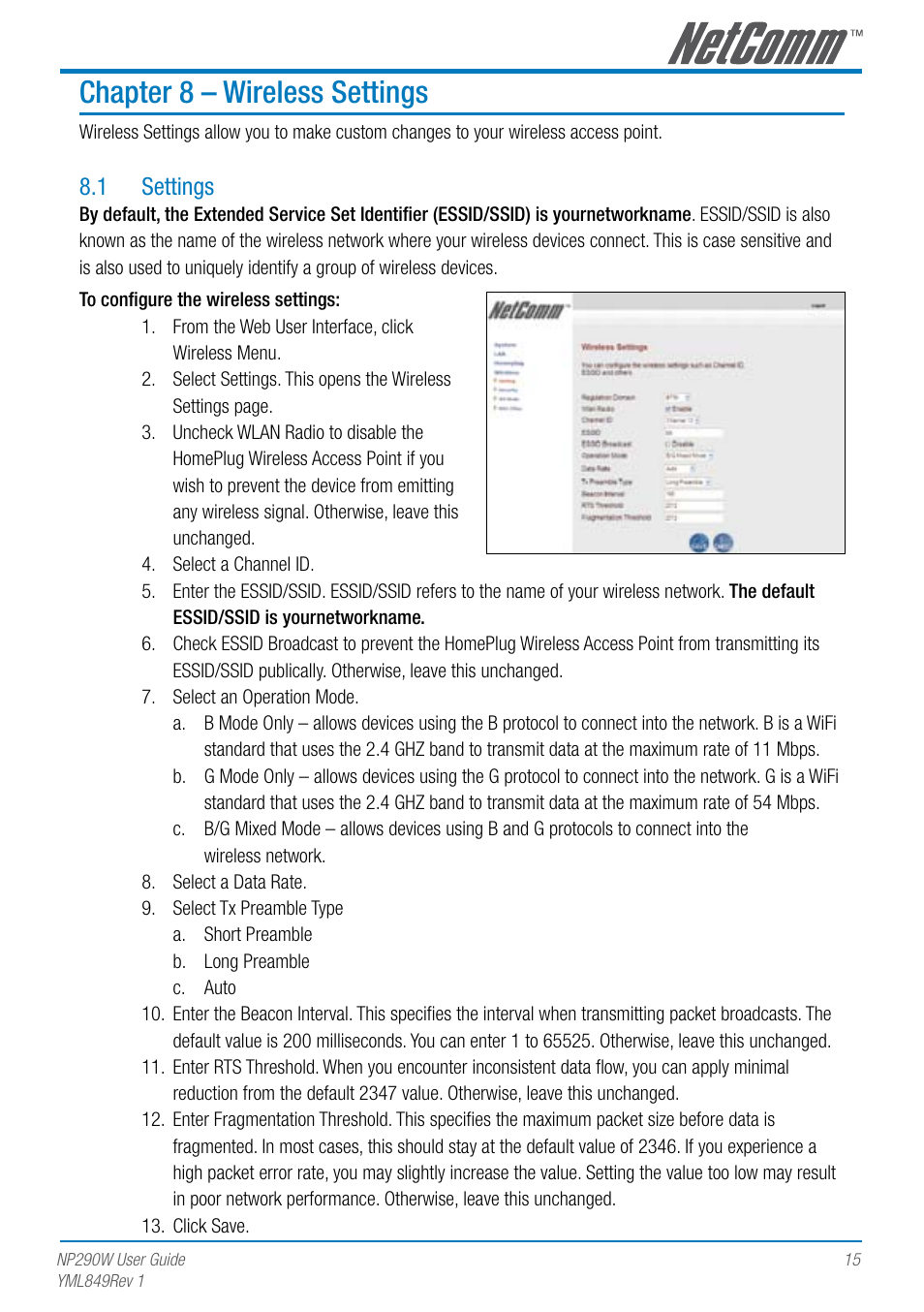 Chapter 8 – wireless settings, 1 settings | NetComm NP290W User Manual | Page 15 / 20