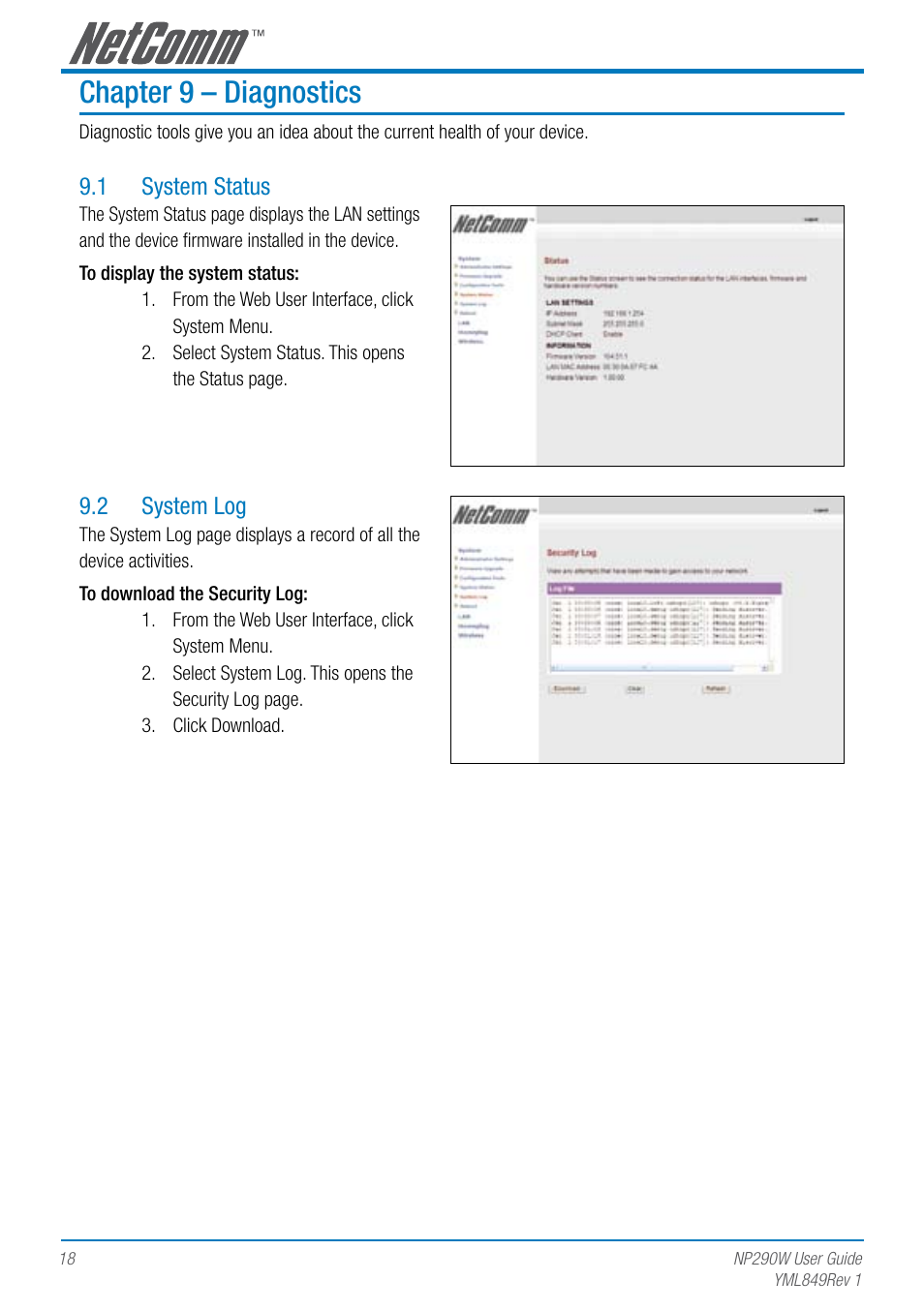 Chapter 9 – diagnostics | NetComm NP290W User Manual | Page 18 / 20
