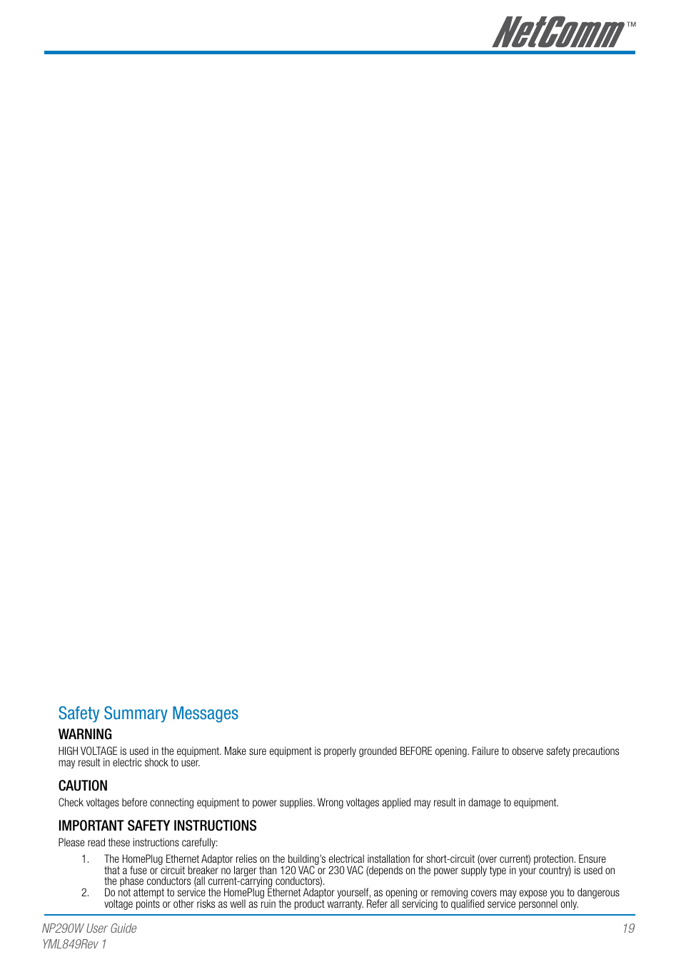 Safety summary messages | NetComm NP290W User Manual | Page 19 / 20