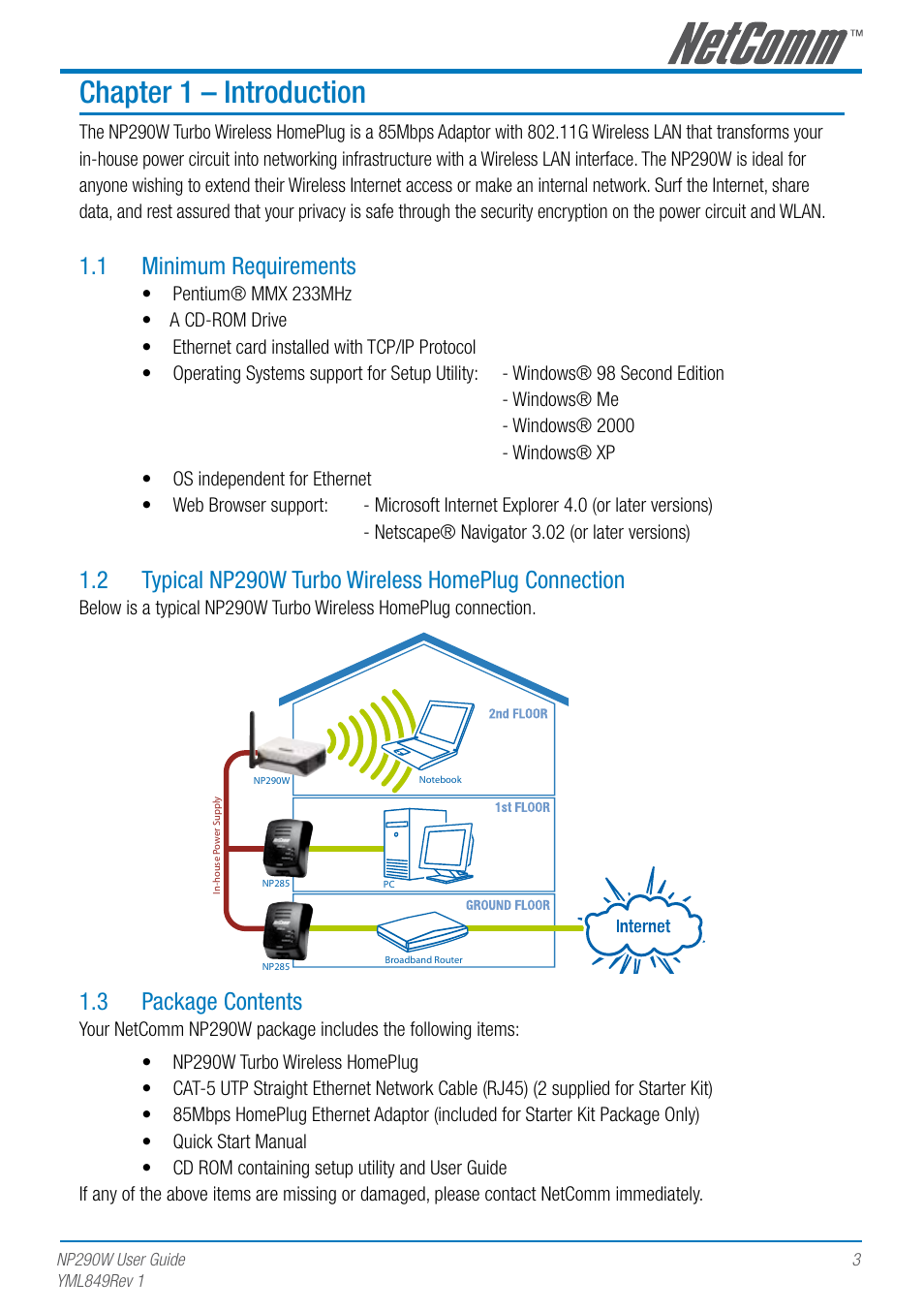 Chapter 1 – introduction, 1 minimum requirements, 3 package contents | NetComm NP290W User Manual | Page 3 / 20