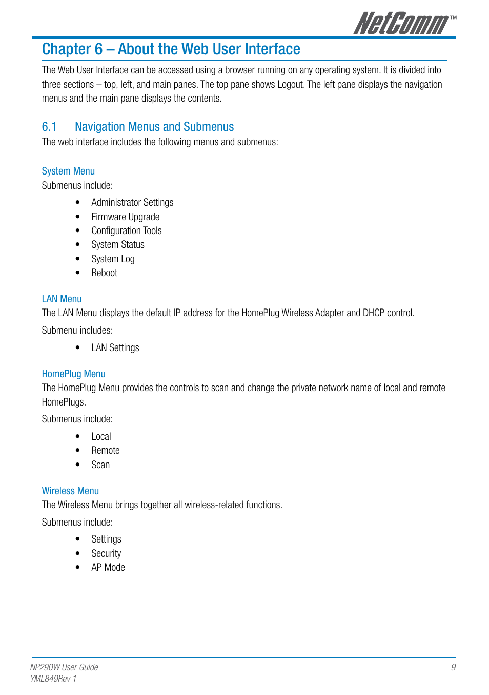 Chapter 6 – about the web user interface, 1 navigation menus and submenus | NetComm NP290W User Manual | Page 9 / 20