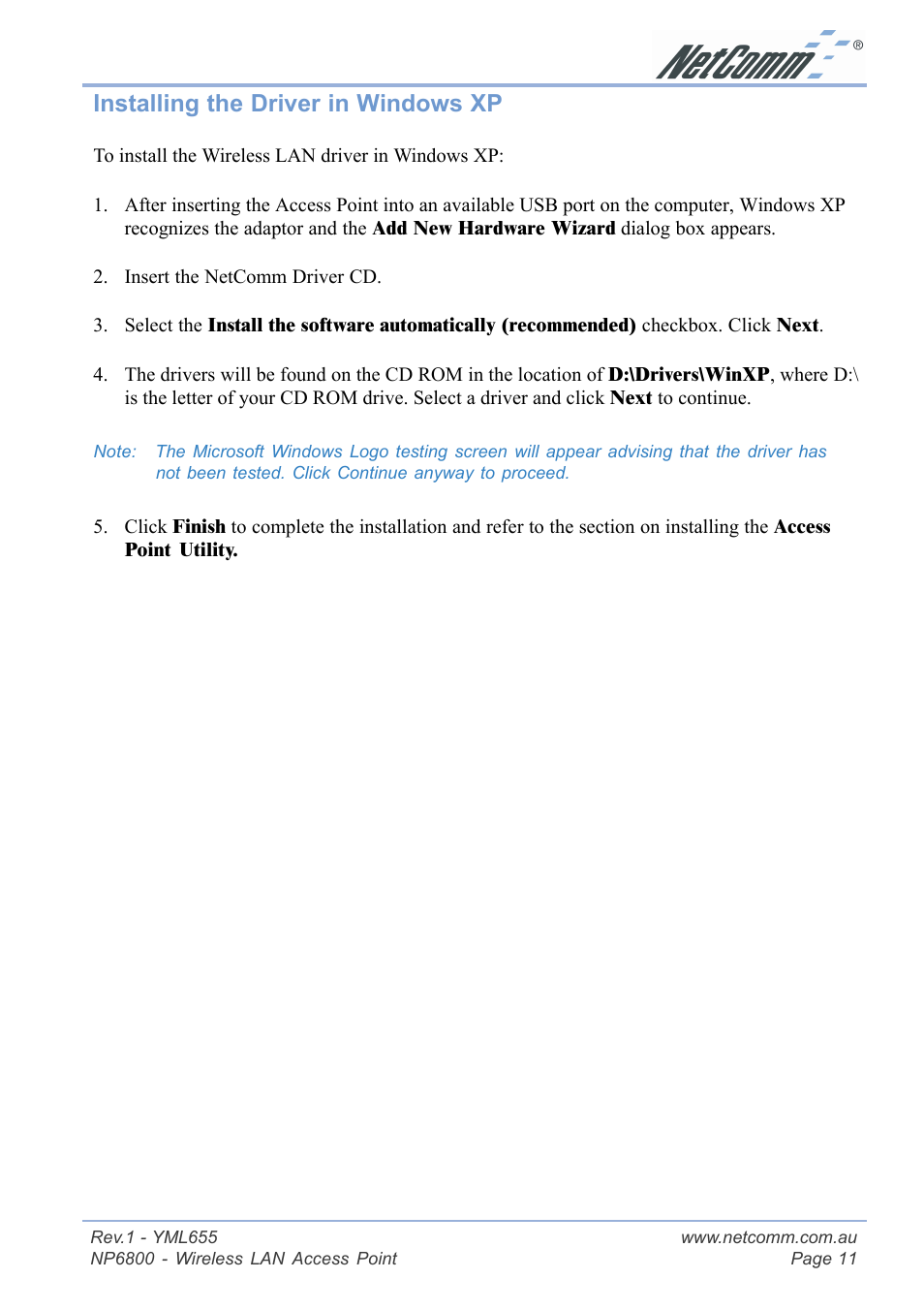 Installing the driver in windows xp | NetComm NP6800 User Manual | Page 11 / 44