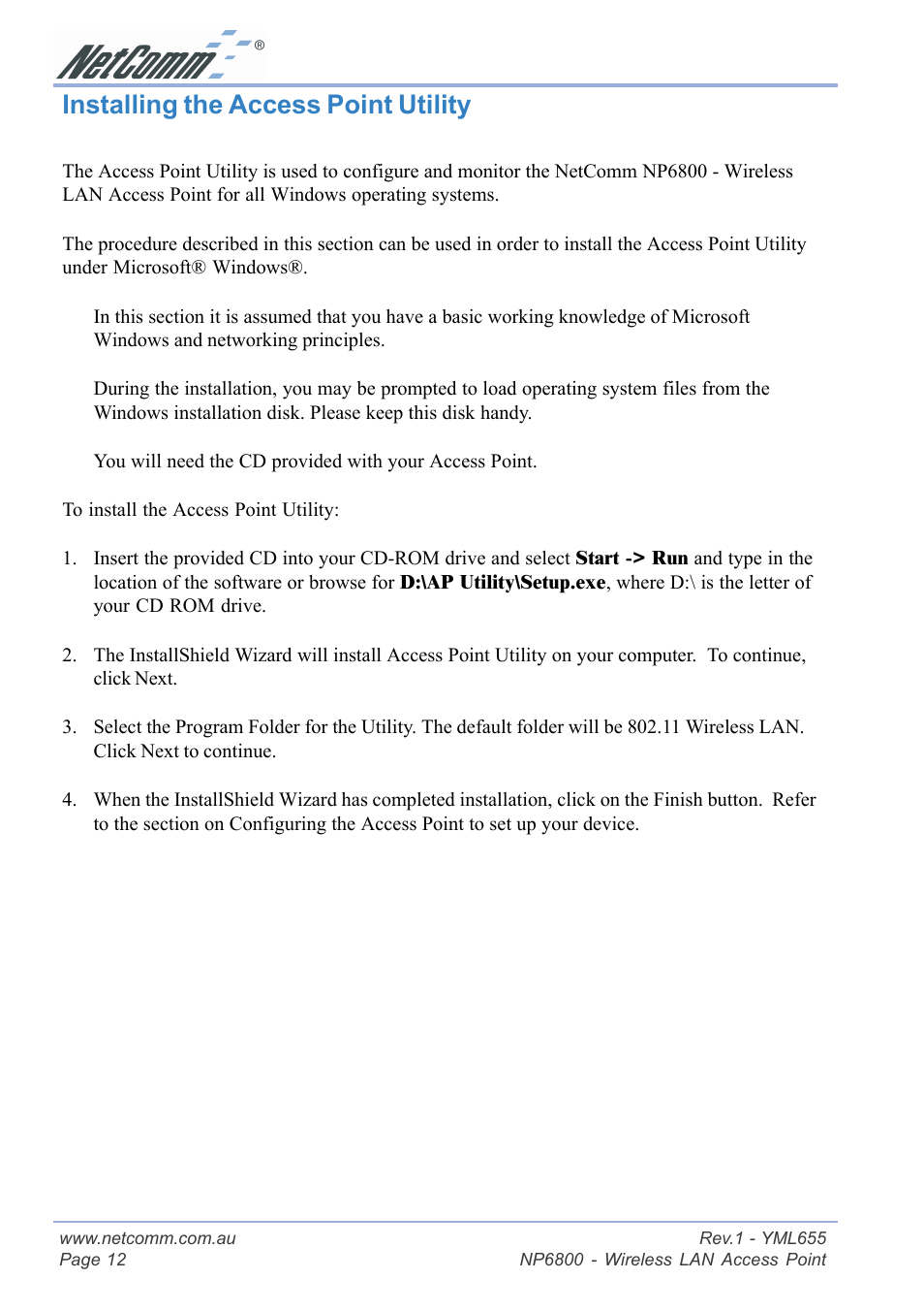 Installing the access point utility | NetComm NP6800 User Manual | Page 12 / 44