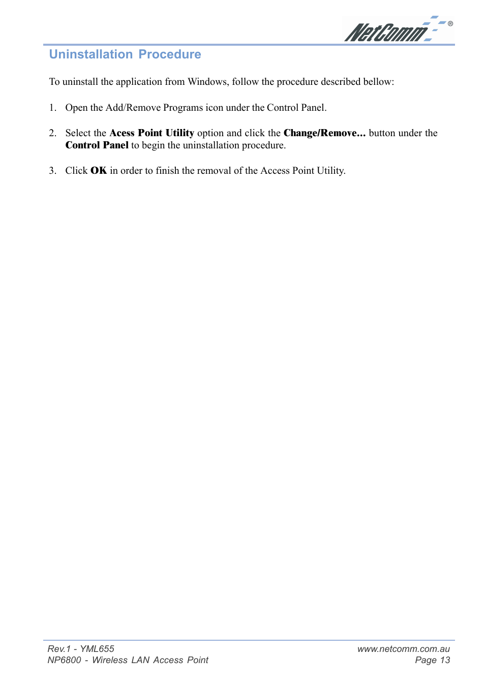 Uninstallation procedure | NetComm NP6800 User Manual | Page 13 / 44