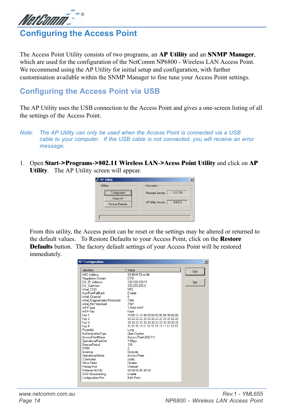 Configuring the access point, Configuring the access point via usb | NetComm NP6800 User Manual | Page 14 / 44