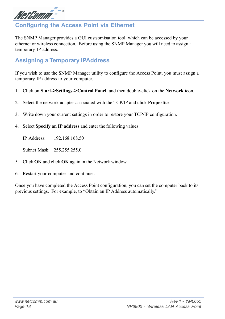 Configuring the access point via ethernet, Assigning a temporary ipaddress | NetComm NP6800 User Manual | Page 18 / 44