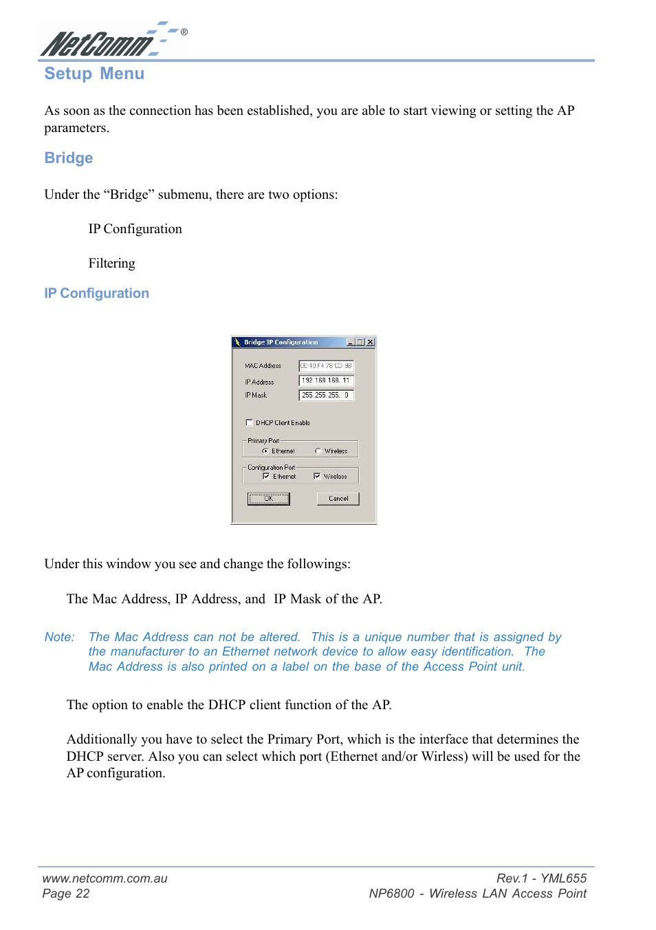 Setup menu | NetComm NP6800 User Manual | Page 22 / 44