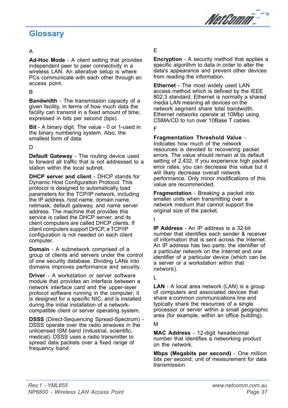 Glossary | NetComm NP6800 User Manual | Page 37 / 44