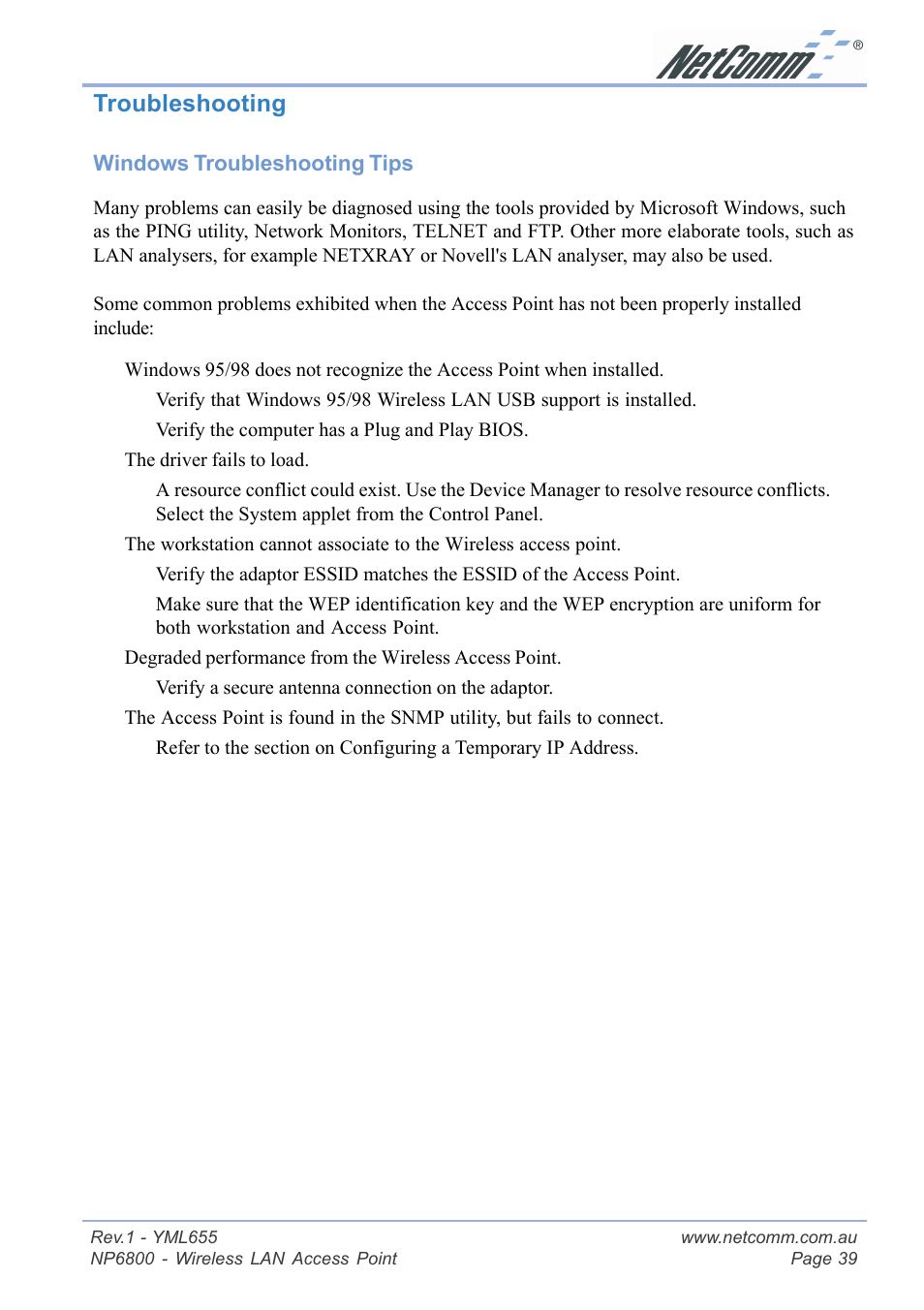 Troubleshooting | NetComm NP6800 User Manual | Page 39 / 44