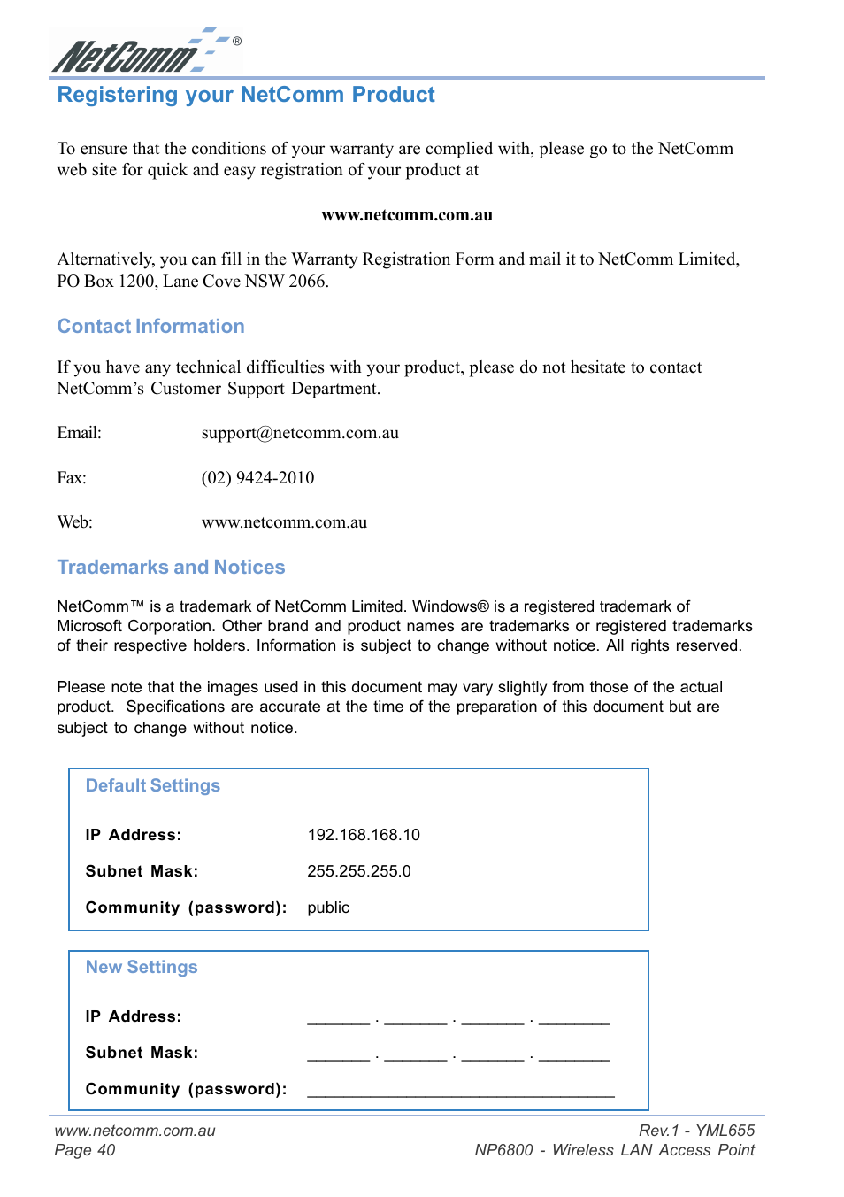 Registering your netcomm product | NetComm NP6800 User Manual | Page 40 / 44