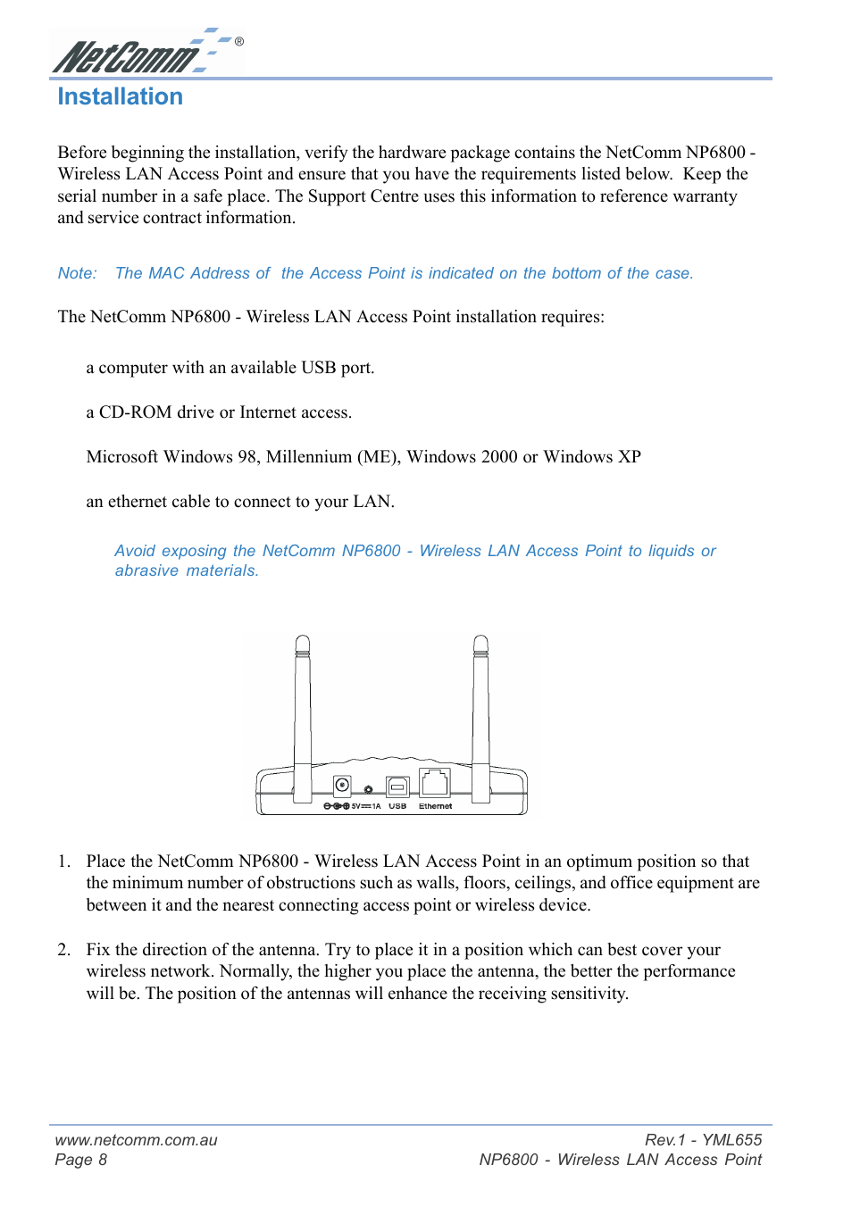 Installation | NetComm NP6800 User Manual | Page 8 / 44