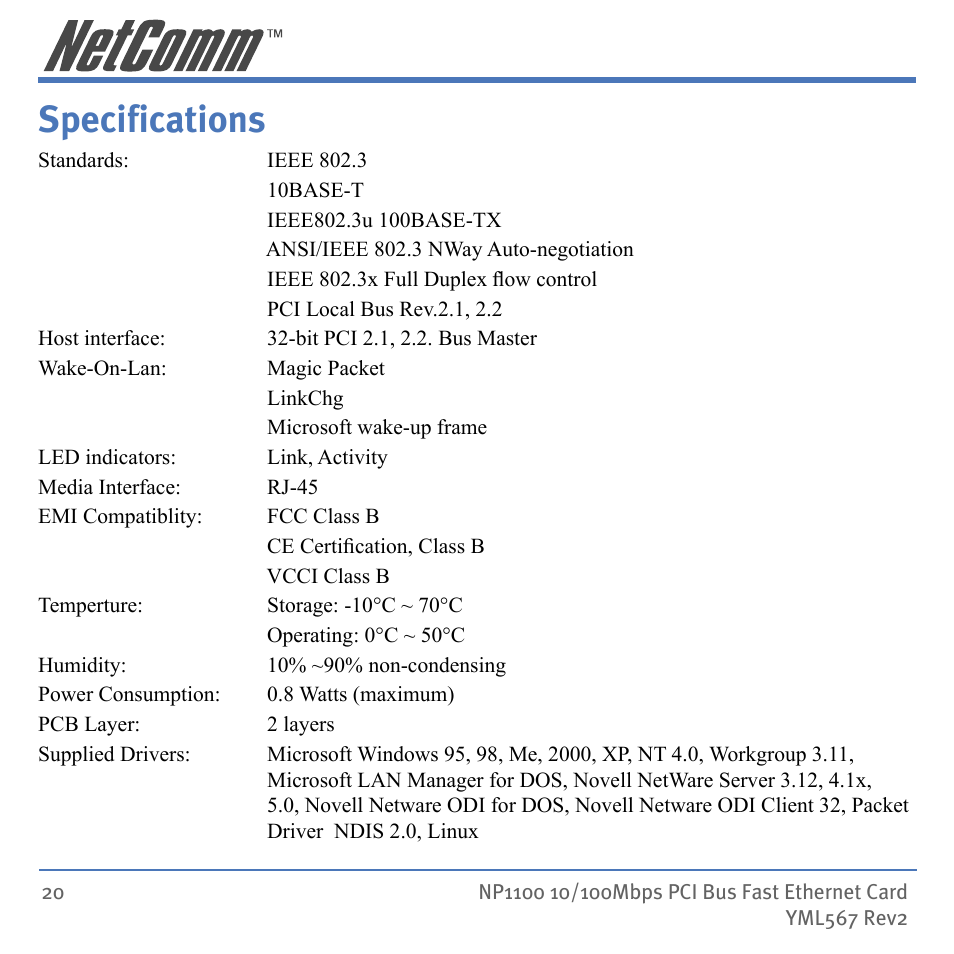 Speciﬁcations, Specifications | NetComm NP1100 User Manual | Page 20 / 32