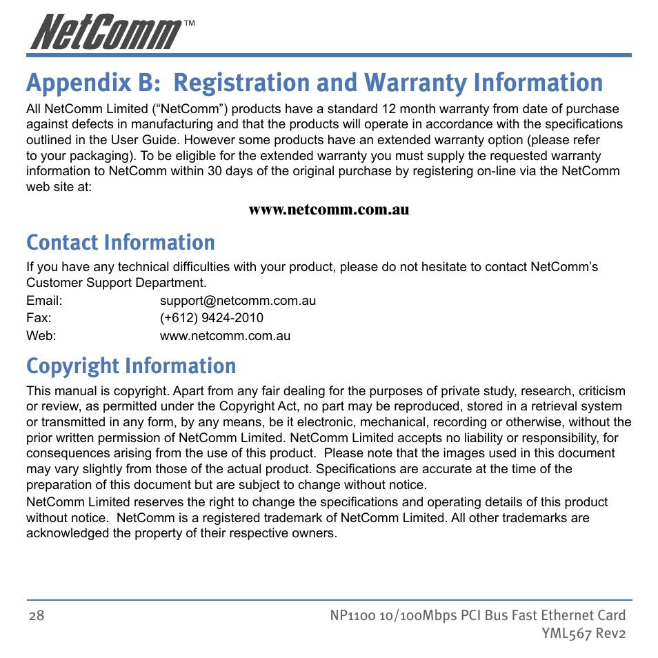 Appendix b: registration and warranty information, Contact information, Copyright information | NetComm NP1100 User Manual | Page 28 / 32