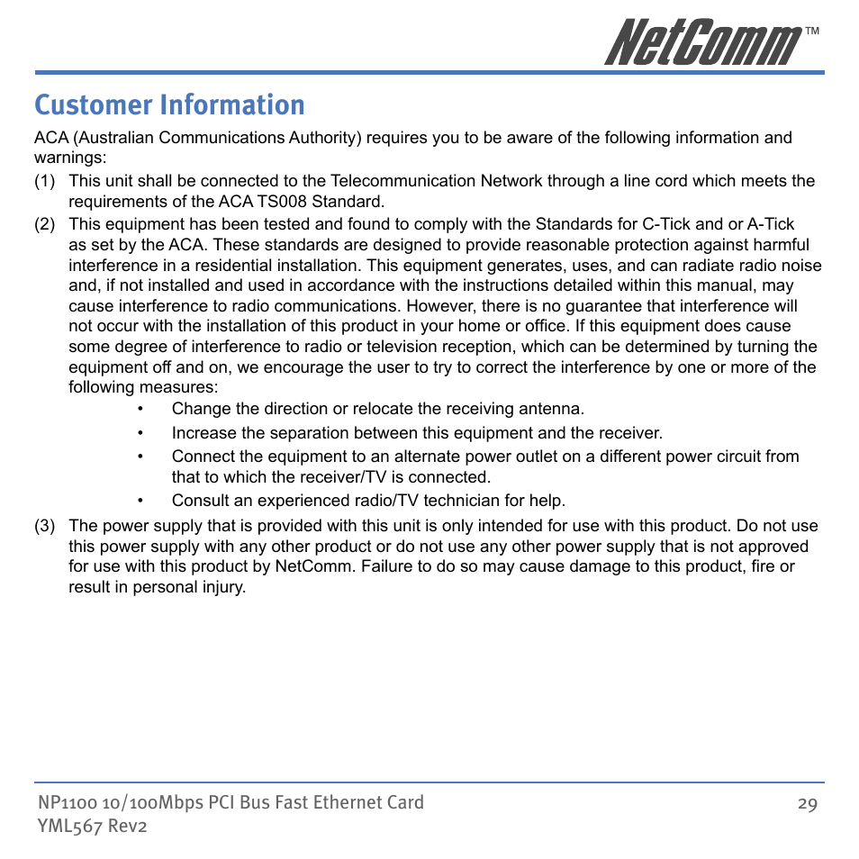 Customer information | NetComm NP1100 User Manual | Page 29 / 32