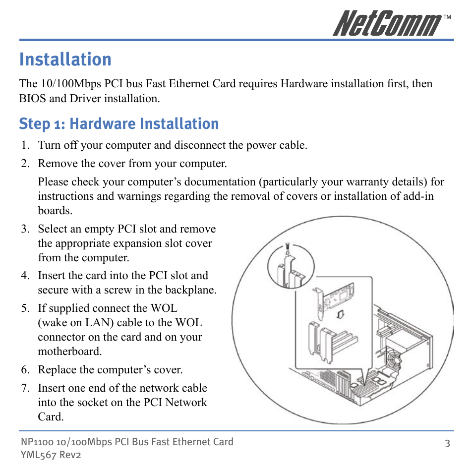 Installation, Step 1: hardware installation | NetComm NP1100 User Manual | Page 3 / 32