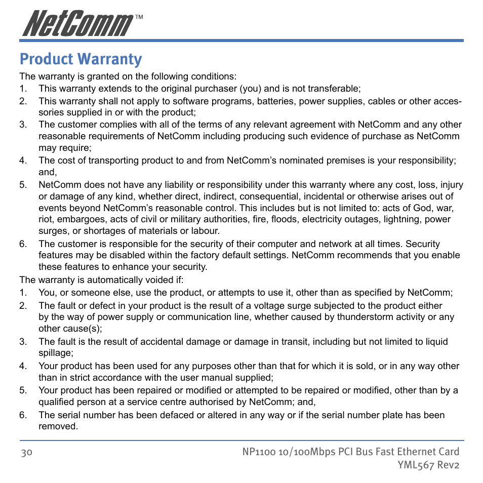 Product warranty | NetComm NP1100 User Manual | Page 30 / 32