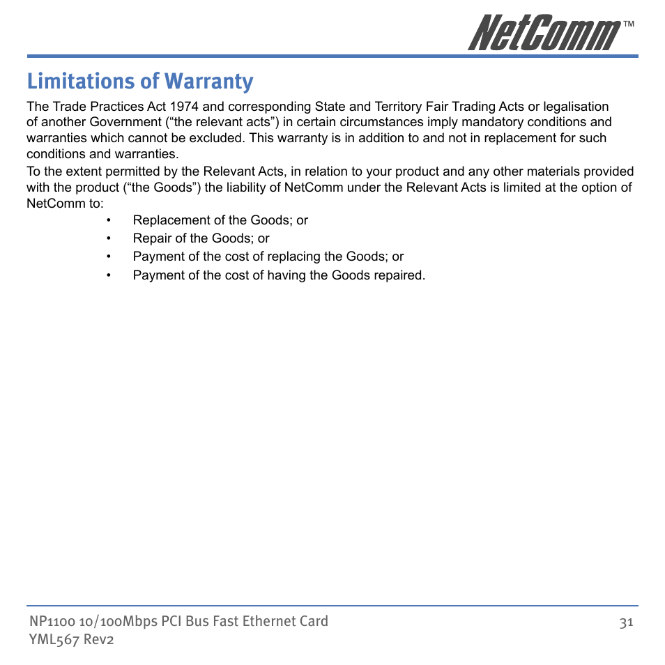 Limitations of warranty | NetComm NP1100 User Manual | Page 31 / 32