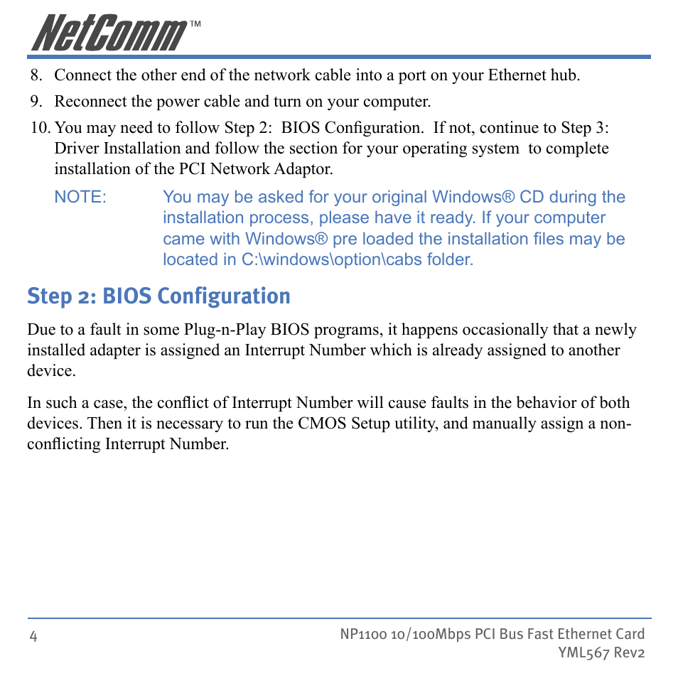 Step 2: bios conﬁguration, Step 2: bios configuration | NetComm NP1100 User Manual | Page 4 / 32