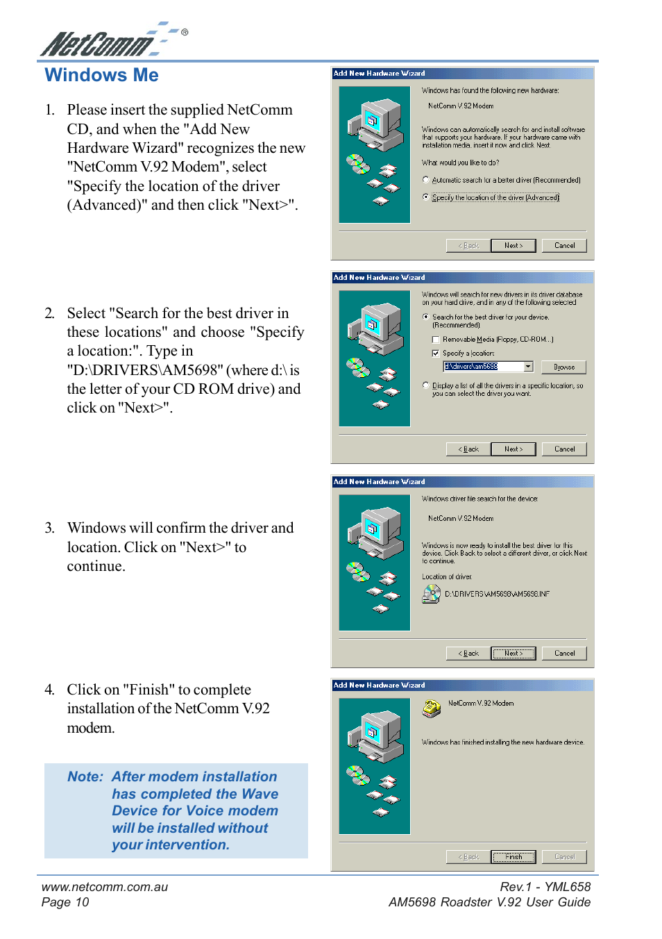 Windows me, Windows 98 | NetComm Roadster V.92 AM5698 User Manual | Page 10 / 36