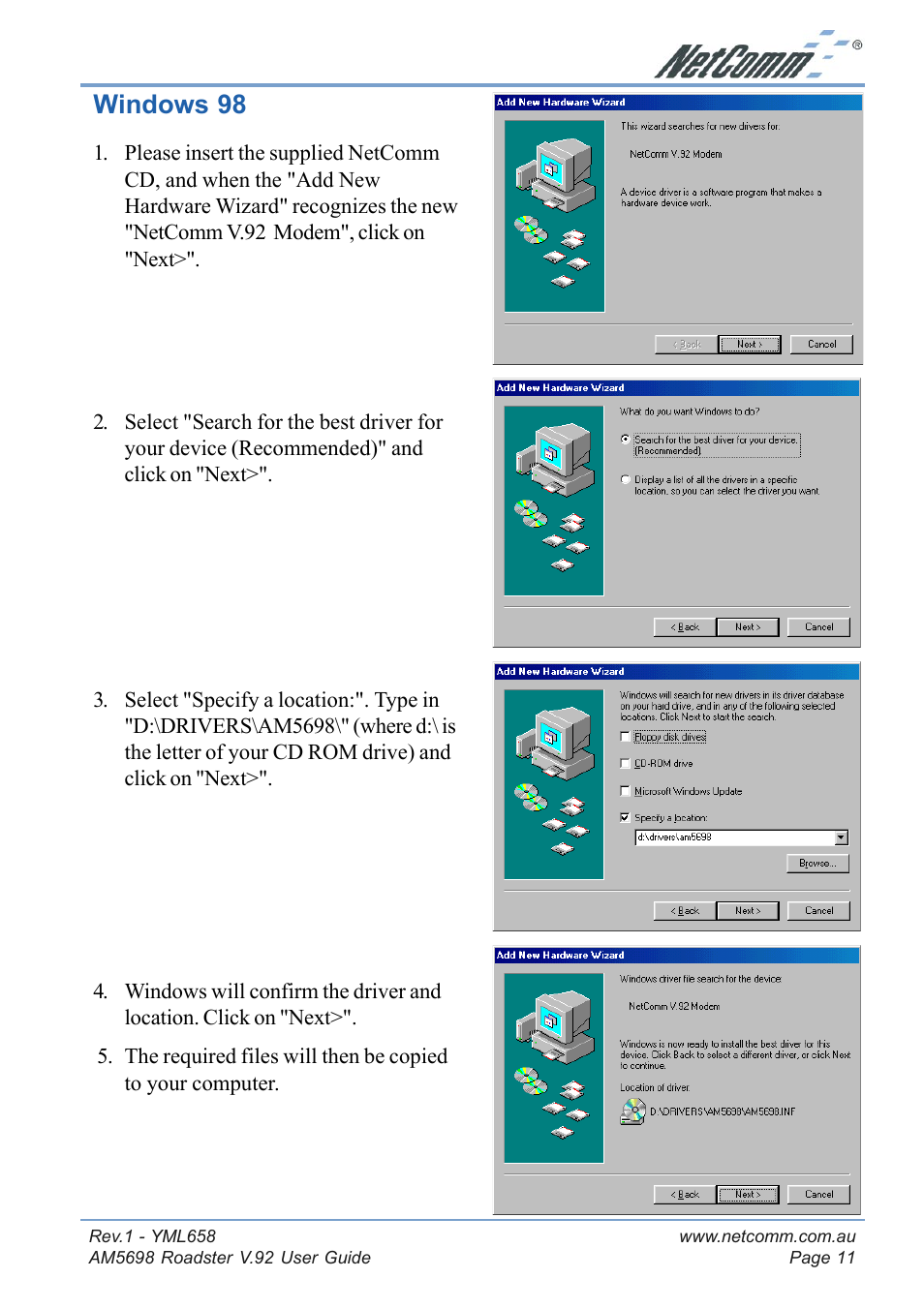 Windows 98 | NetComm Roadster V.92 AM5698 User Manual | Page 11 / 36