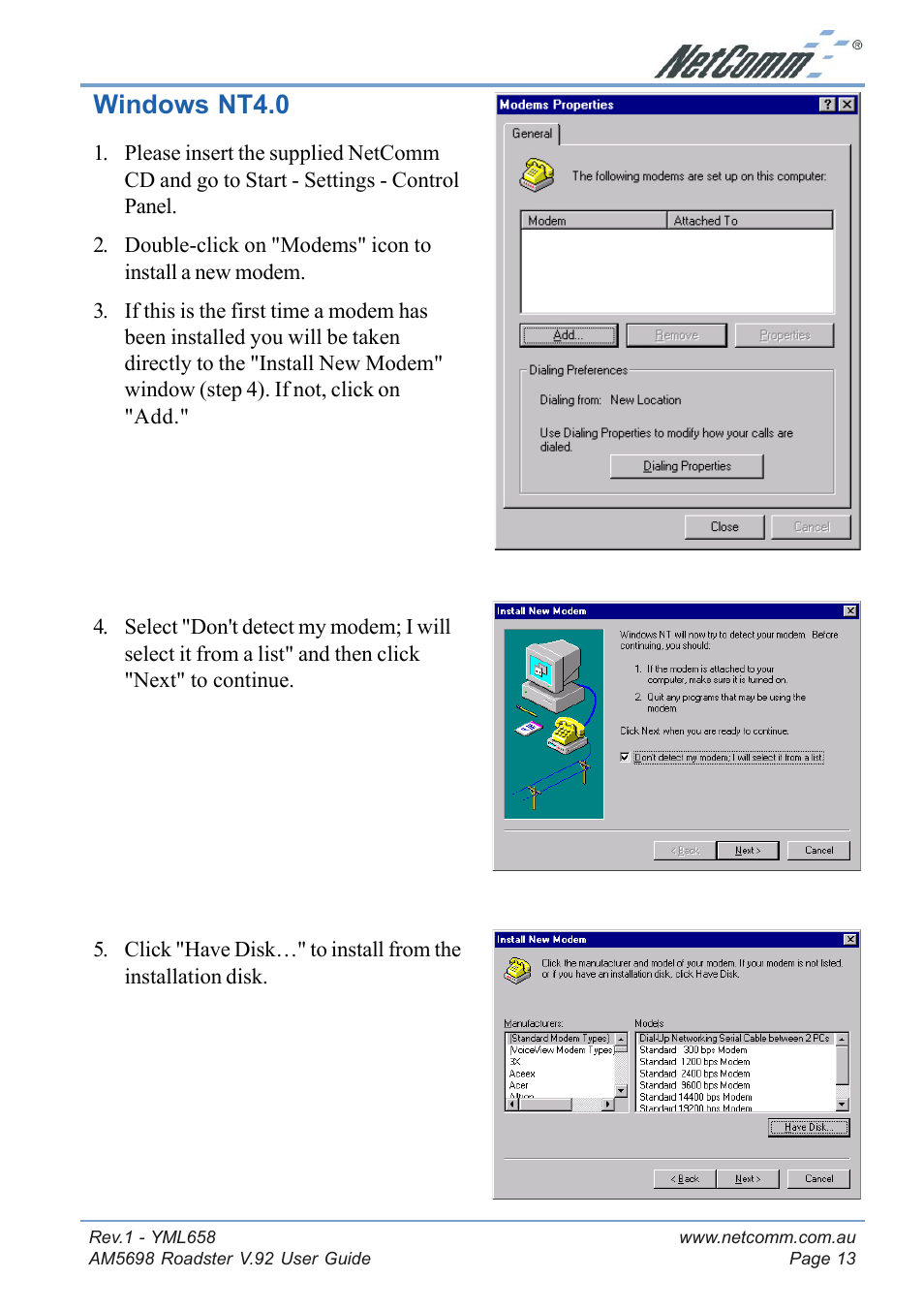 Windows nt4.0 | NetComm Roadster V.92 AM5698 User Manual | Page 13 / 36