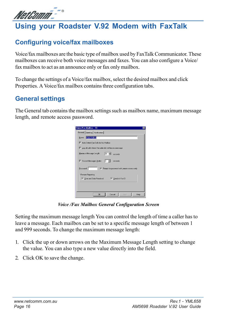 Using your roadster v.92 modem with faxtalk, Configuring voice/fax mailboxes, General settings | NetComm Roadster V.92 AM5698 User Manual | Page 16 / 36