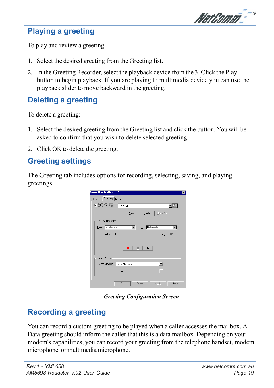 Playing a greeting, Deleting a greeting, Greeting settings | Recording a greeting | NetComm Roadster V.92 AM5698 User Manual | Page 19 / 36