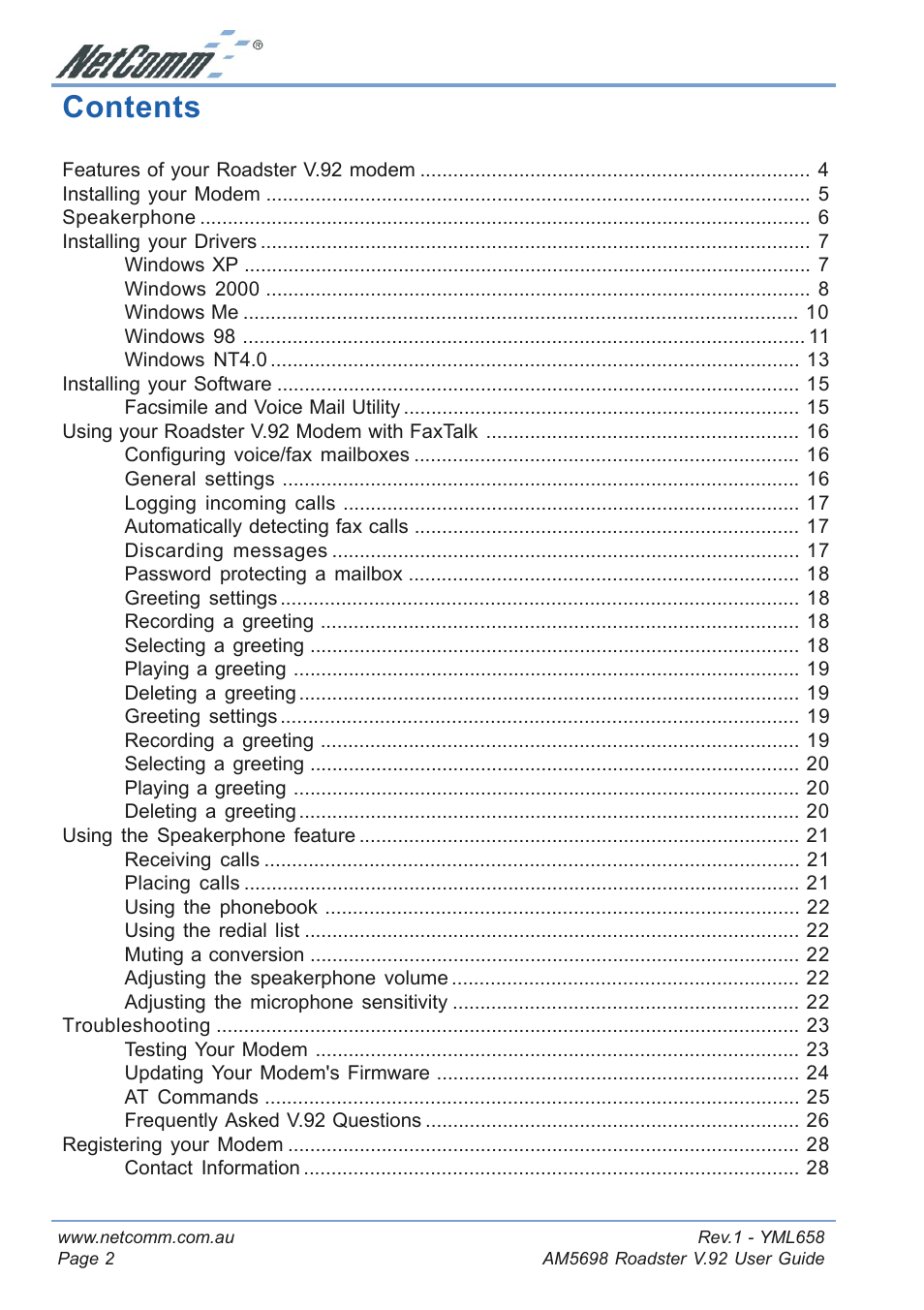 NetComm Roadster V.92 AM5698 User Manual | Page 2 / 36