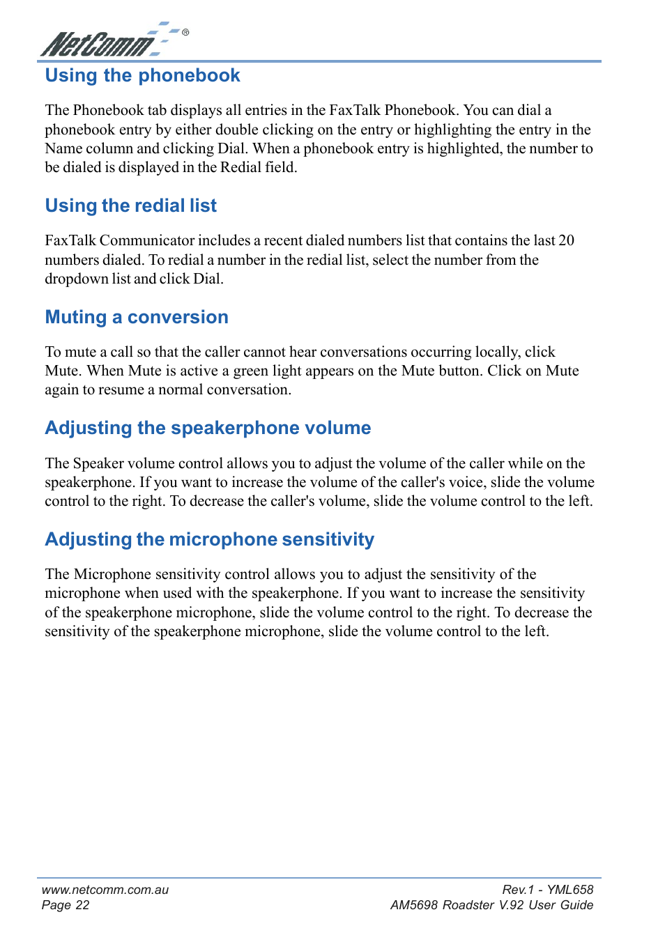Using the phonebook, Using the redial list, Muting a conversion | Adjusting the speakerphone volume, Adjusting the microphone sensitivity, Troubleshooting | NetComm Roadster V.92 AM5698 User Manual | Page 22 / 36