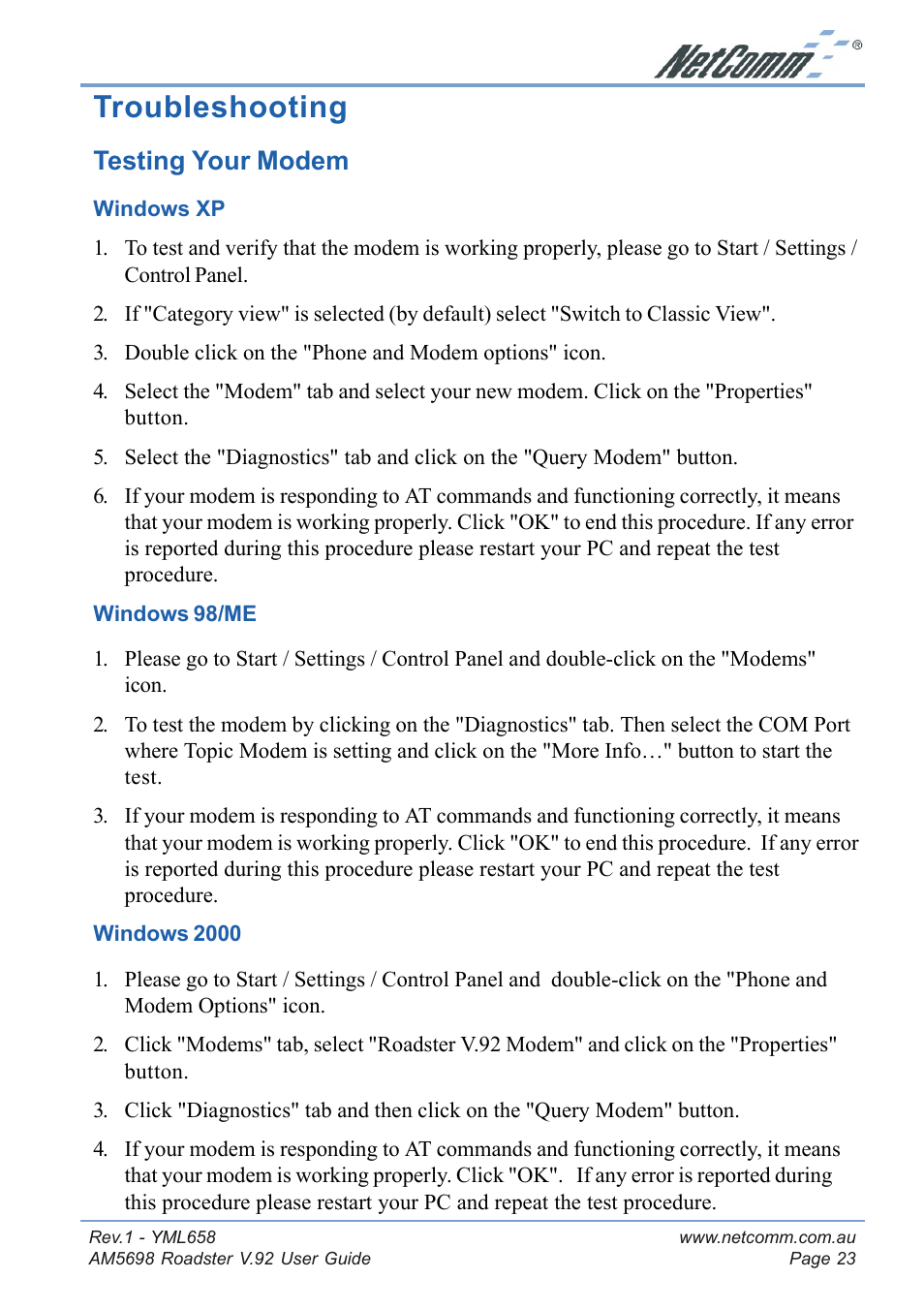 Troubleshooting, Testing your modem, Testing your modem updating your modem's firmware | NetComm Roadster V.92 AM5698 User Manual | Page 23 / 36