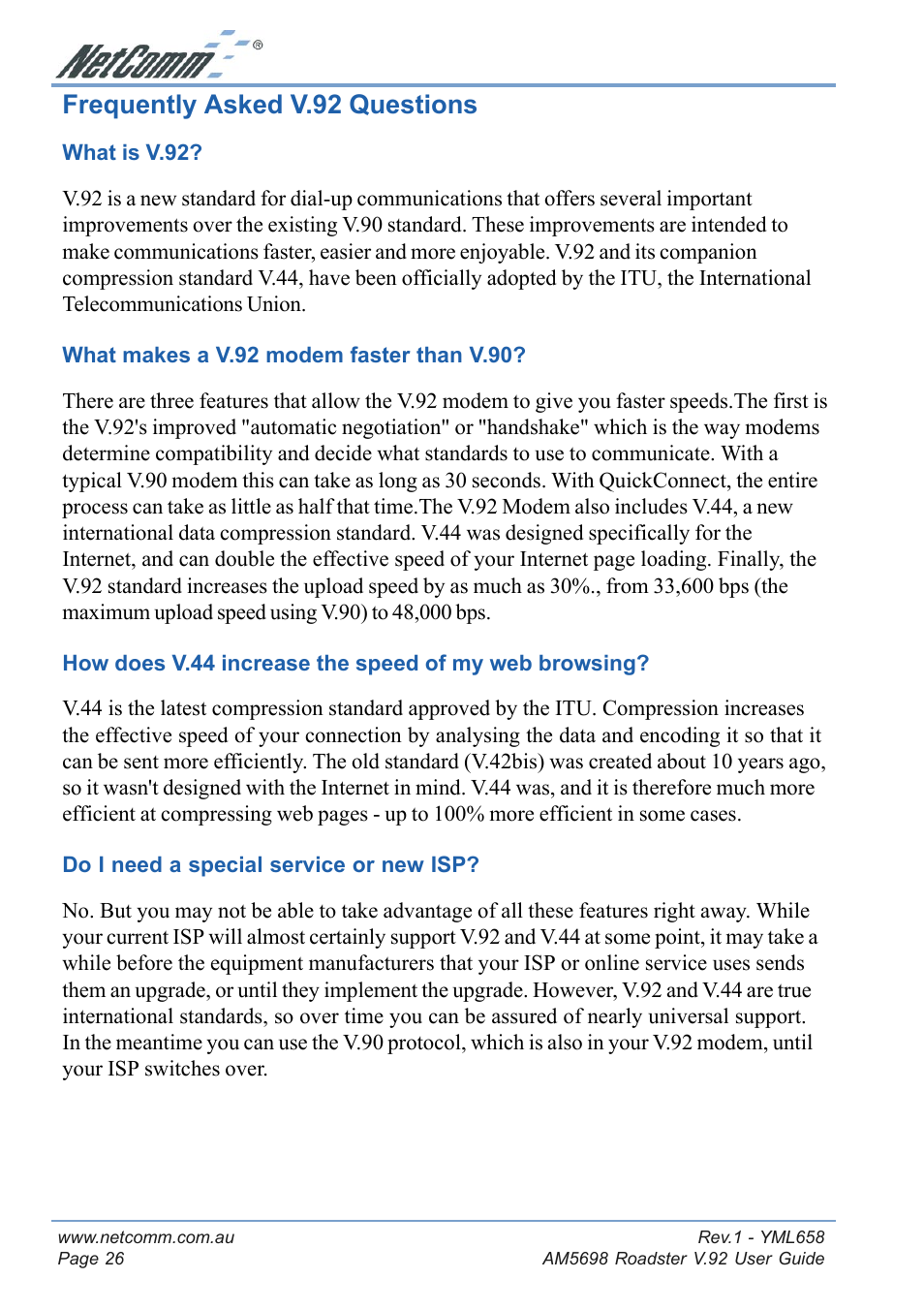 Frequently asked v.92 questions | NetComm Roadster V.92 AM5698 User Manual | Page 26 / 36