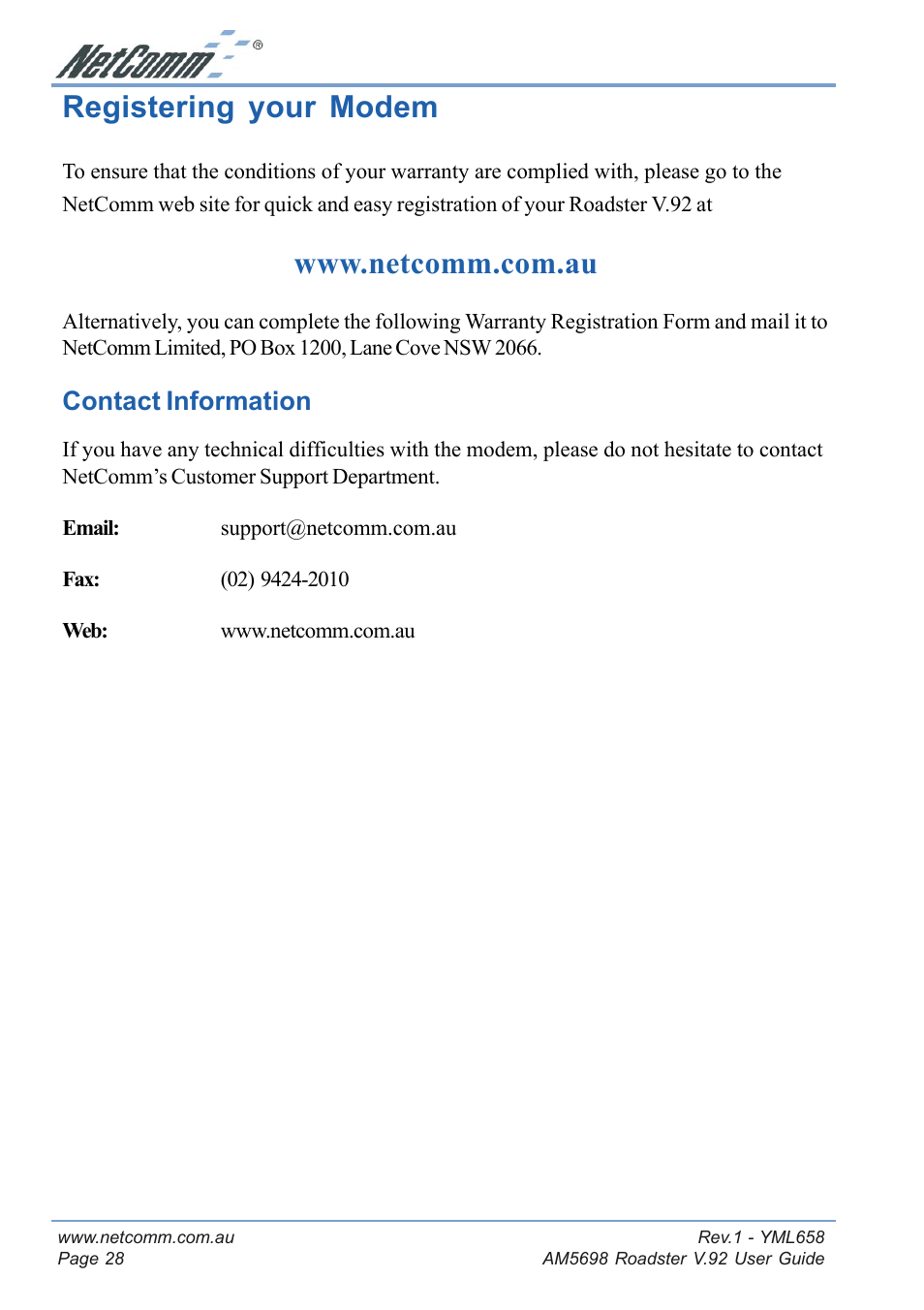 Registering your modem, Contact information | NetComm Roadster V.92 AM5698 User Manual | Page 28 / 36