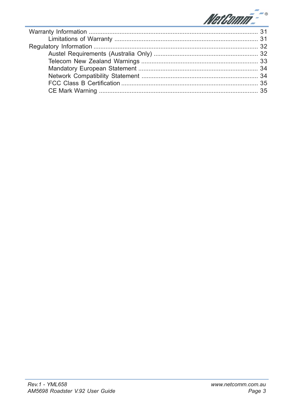 NetComm Roadster V.92 AM5698 User Manual | Page 3 / 36
