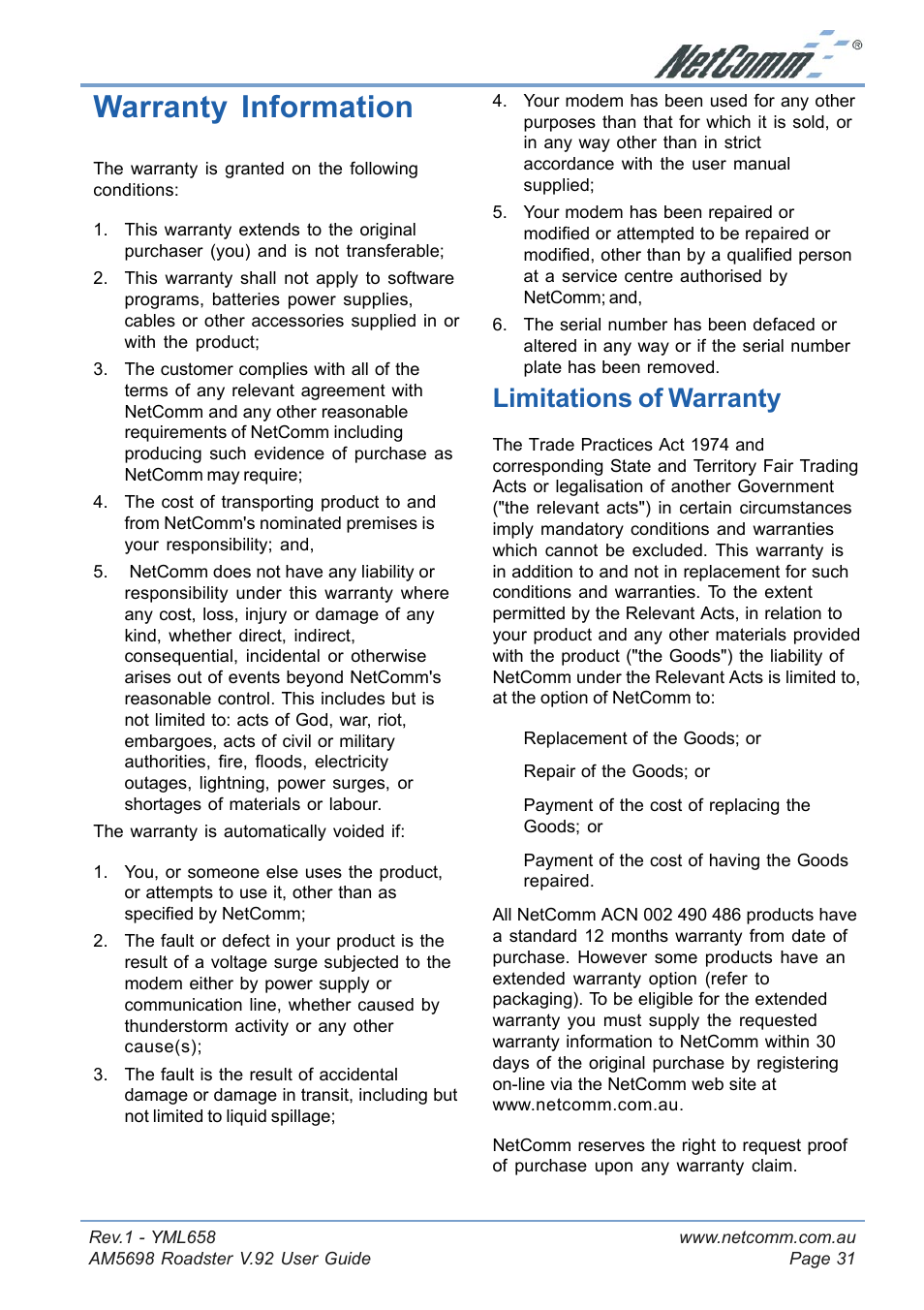 Warranty information, Limitations of warranty | NetComm Roadster V.92 AM5698 User Manual | Page 31 / 36