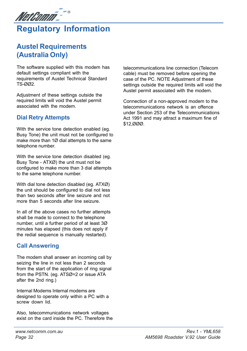 Regulatory information, Austel requirements (australia only) | NetComm Roadster V.92 AM5698 User Manual | Page 32 / 36