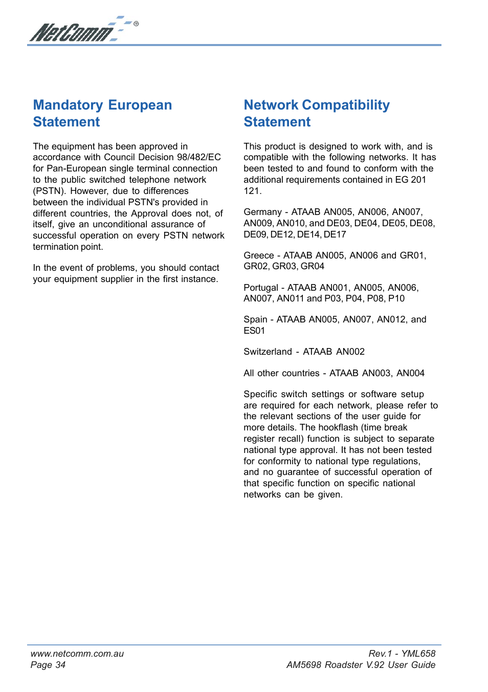 Mandatory european statement, Network compatibility statement | NetComm Roadster V.92 AM5698 User Manual | Page 34 / 36