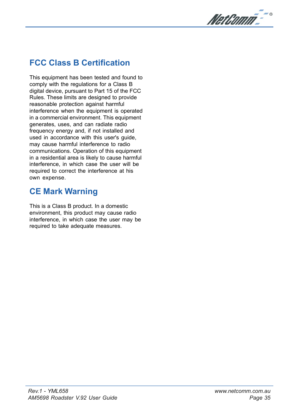 Fcc class b certification, Ce mark warning, Fcc class b certification ce mark warning | NetComm Roadster V.92 AM5698 User Manual | Page 35 / 36